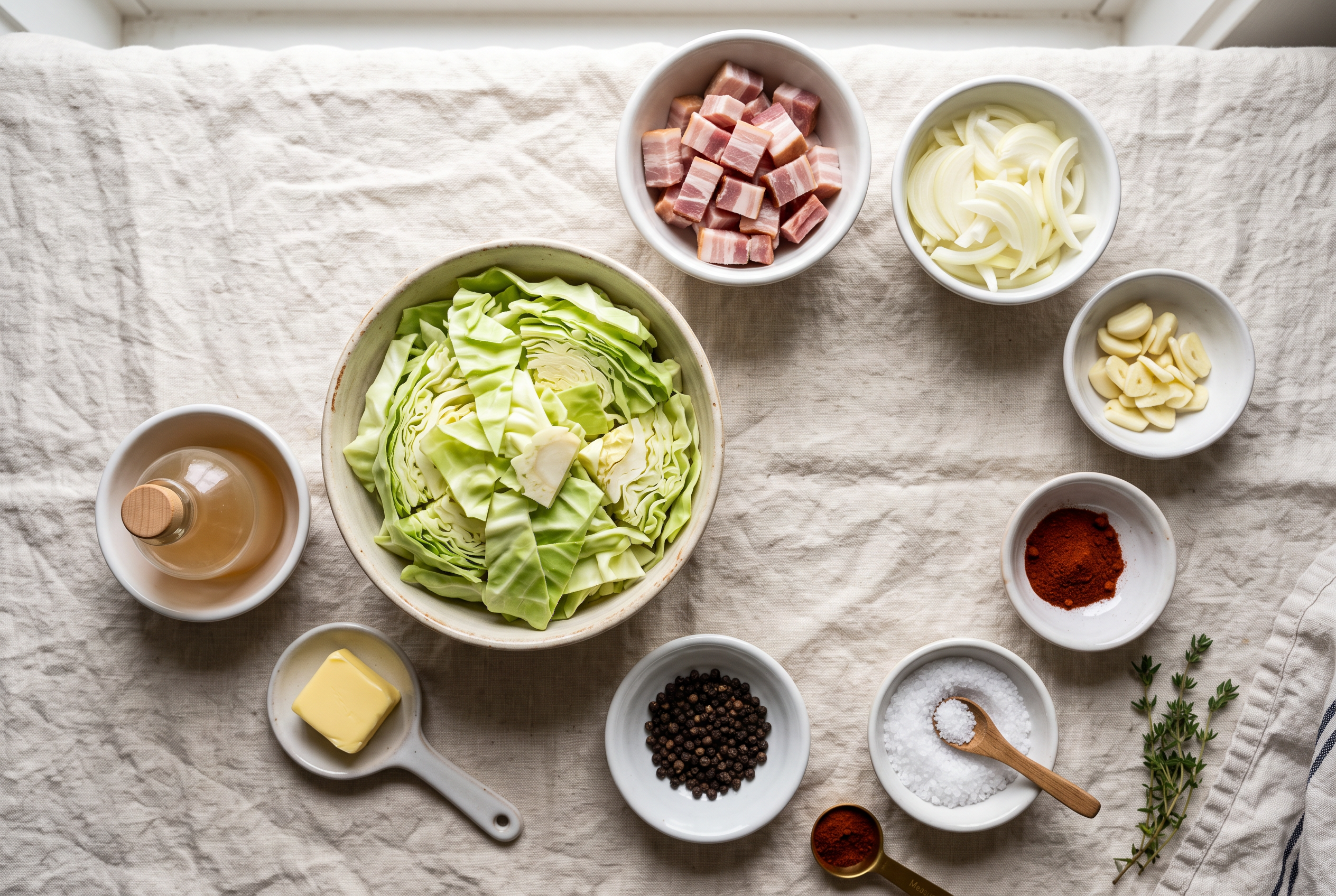 Ingredients for fried cabbage in small bowls — chopped green cabbage, diced bacon, onion, butter, garlic, smoked paprika, apple cider vinegar, salt and pepper