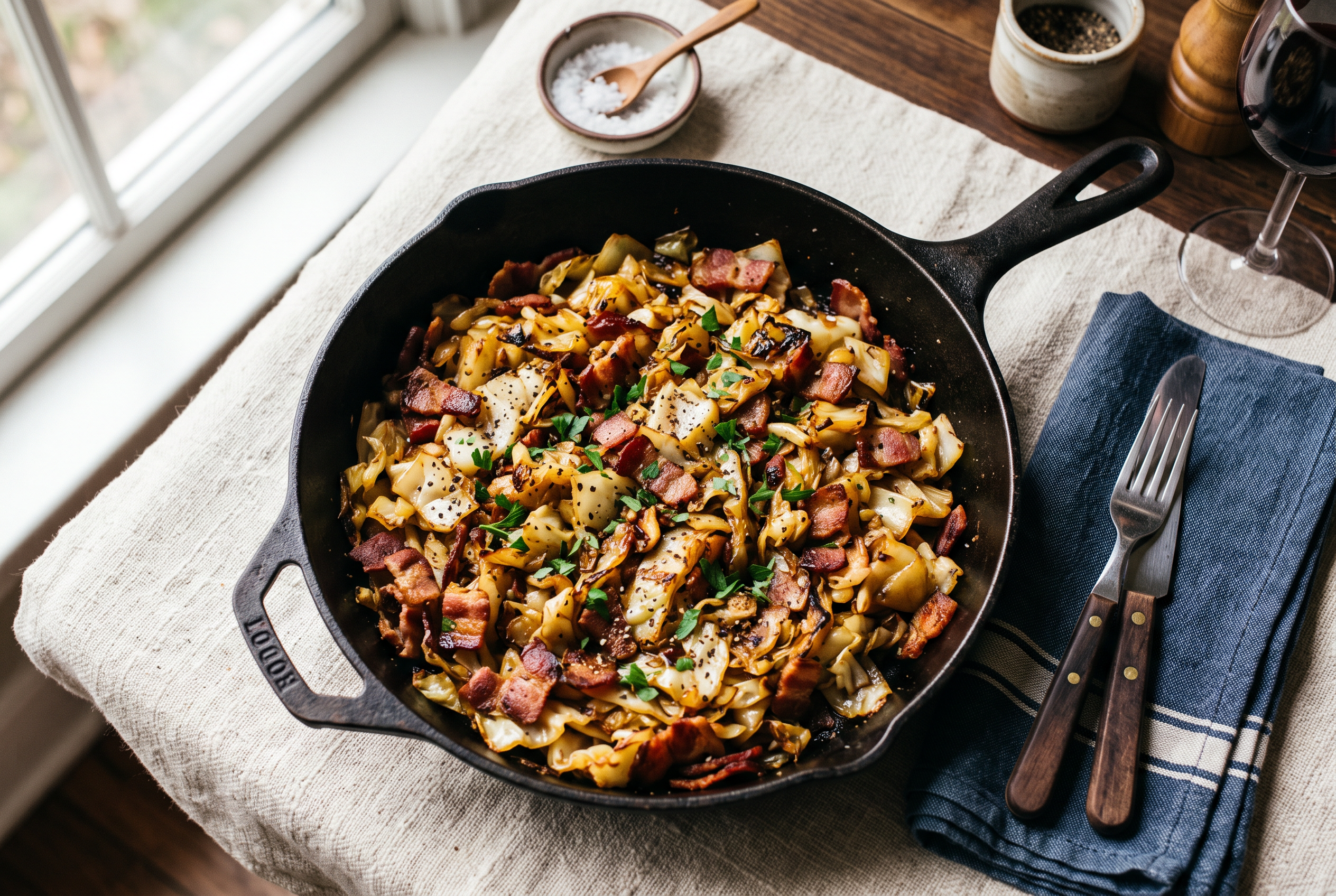 Fried cabbage with bacon in a cast iron skillet — caramelized golden cabbage with crisp bacon and cracked pepper, easy 20-minute low carb side dish