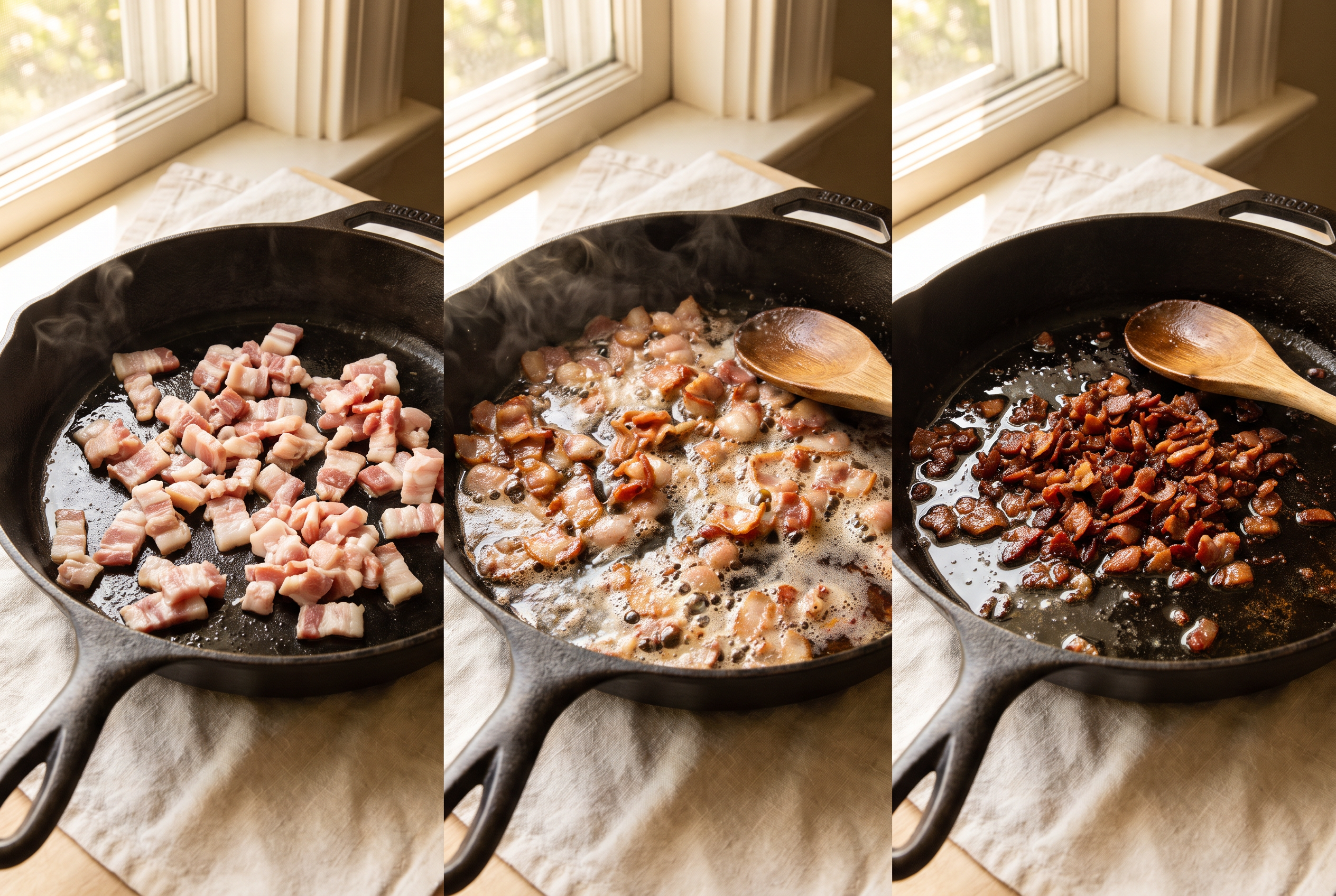 Diced bacon rendering until crisp in a large cast iron skillet