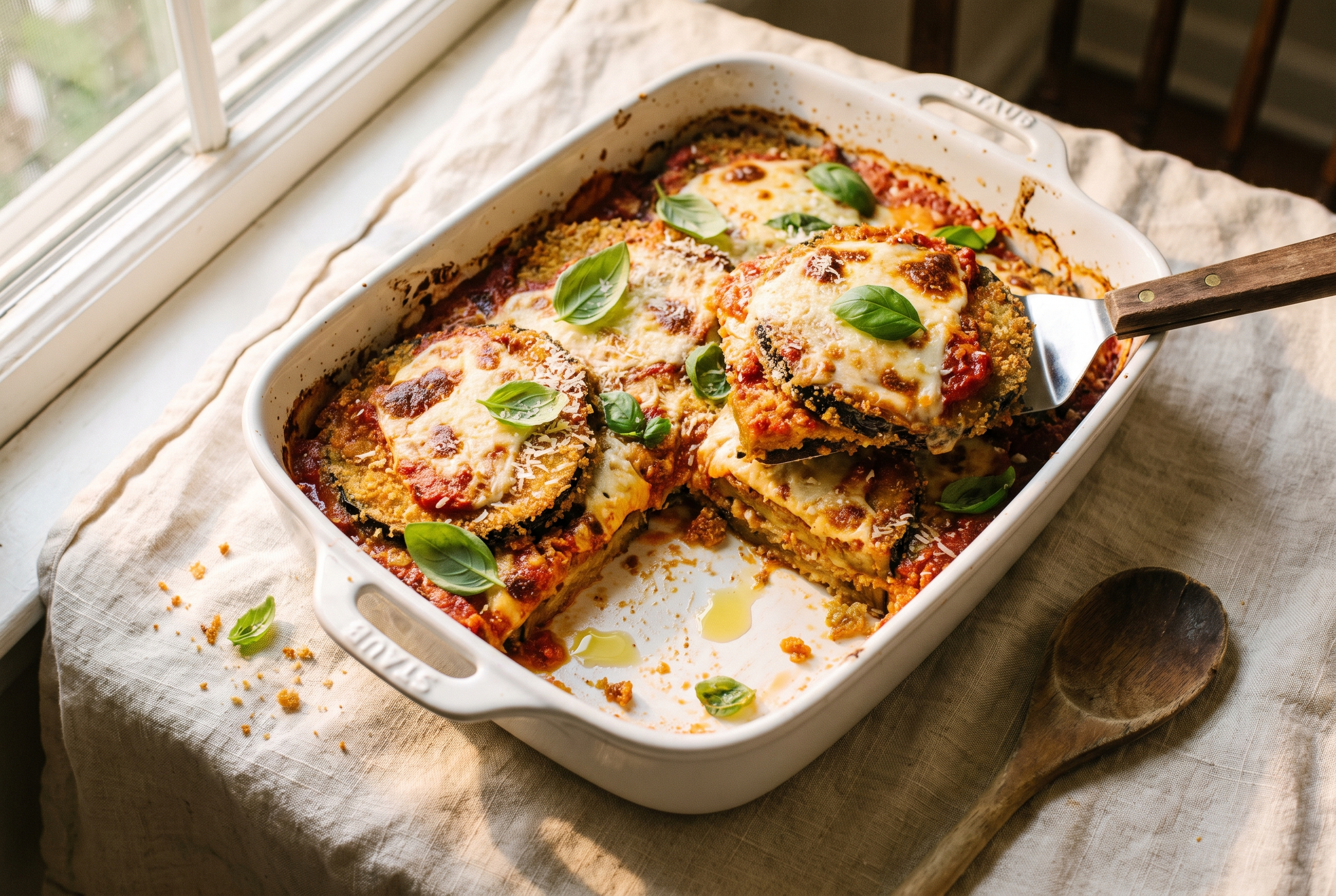 Baked eggplant parmesan in a white dish — layers of crisp breaded eggplant, tomato sauce and melted browned mozzarella with fresh basil, easy vegetarian dinner recipe