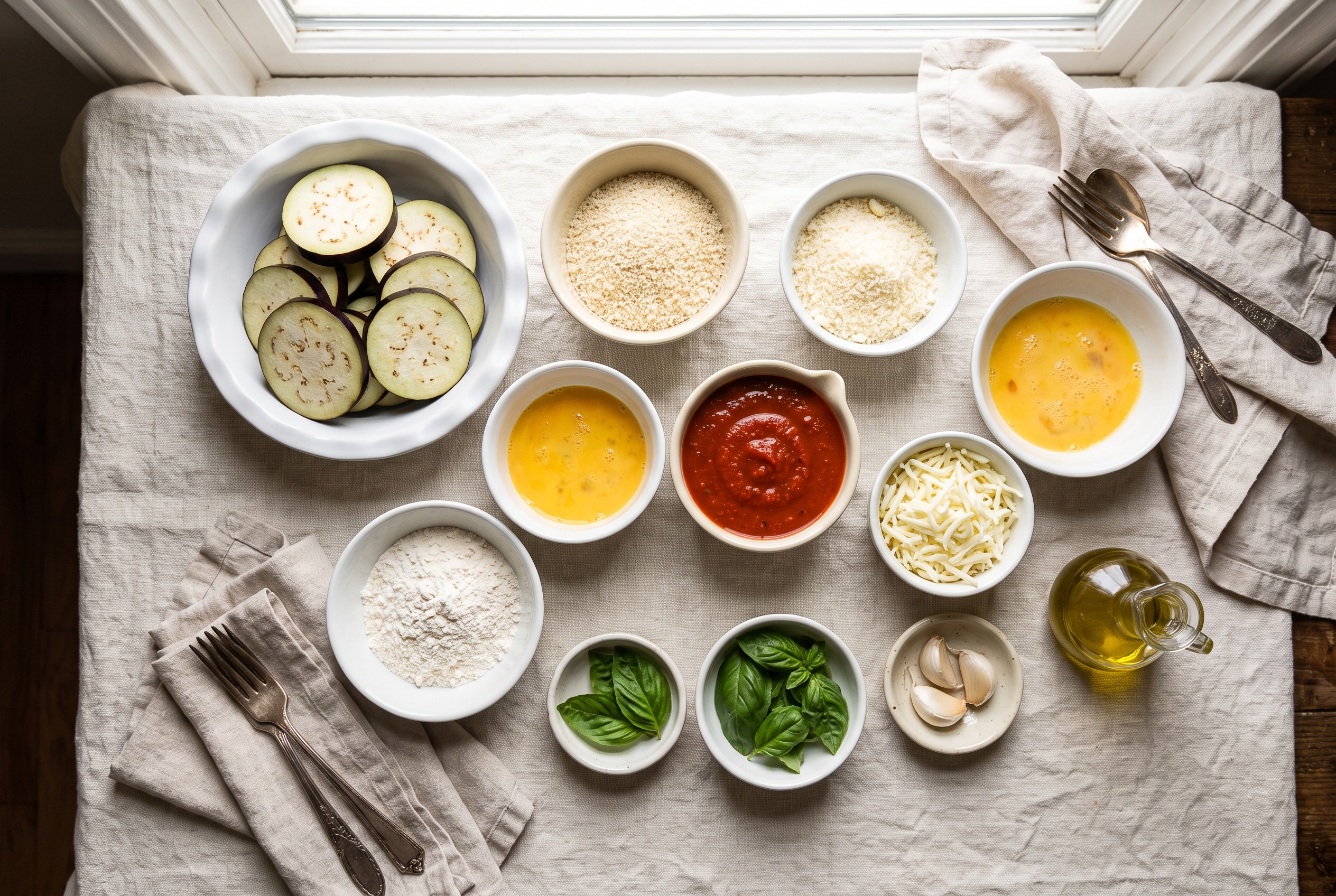 Ingredients for eggplant parmesan in small bowls — sliced eggplant, panko breadcrumbs, parmesan, eggs, flour, marinara sauce, fresh mozzarella, basil, garlic and olive oil
