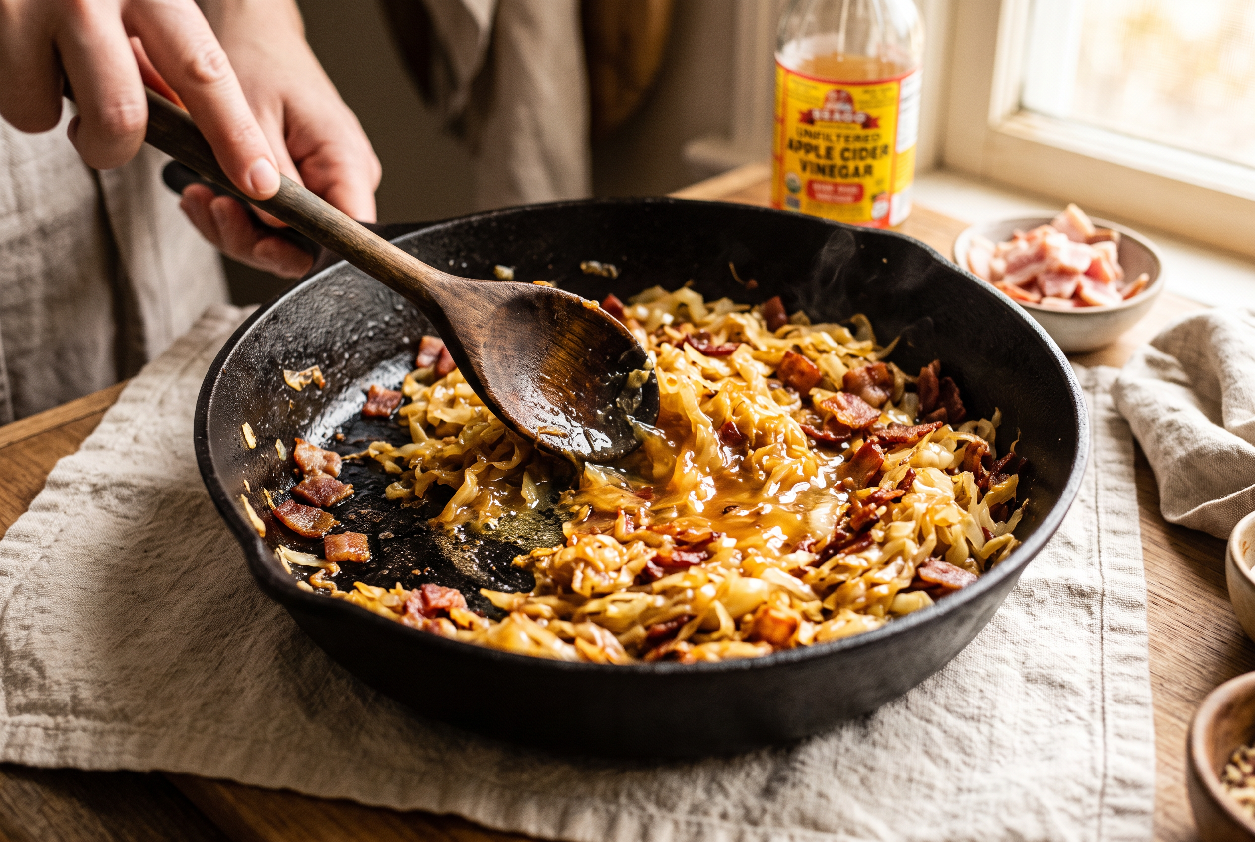Apple cider vinegar and crisp bacon being stirred through caramelized fried cabbage in a skillet