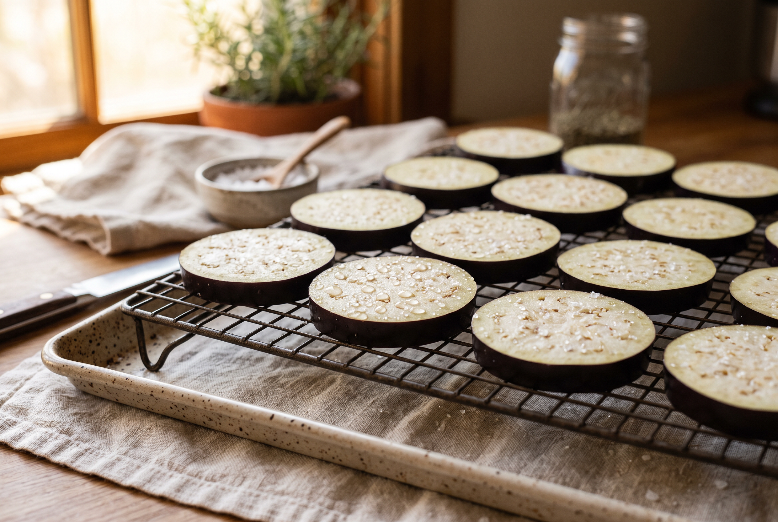 Sliced eggplant rounds salted on a wire rack with beads of water drawn to the surface