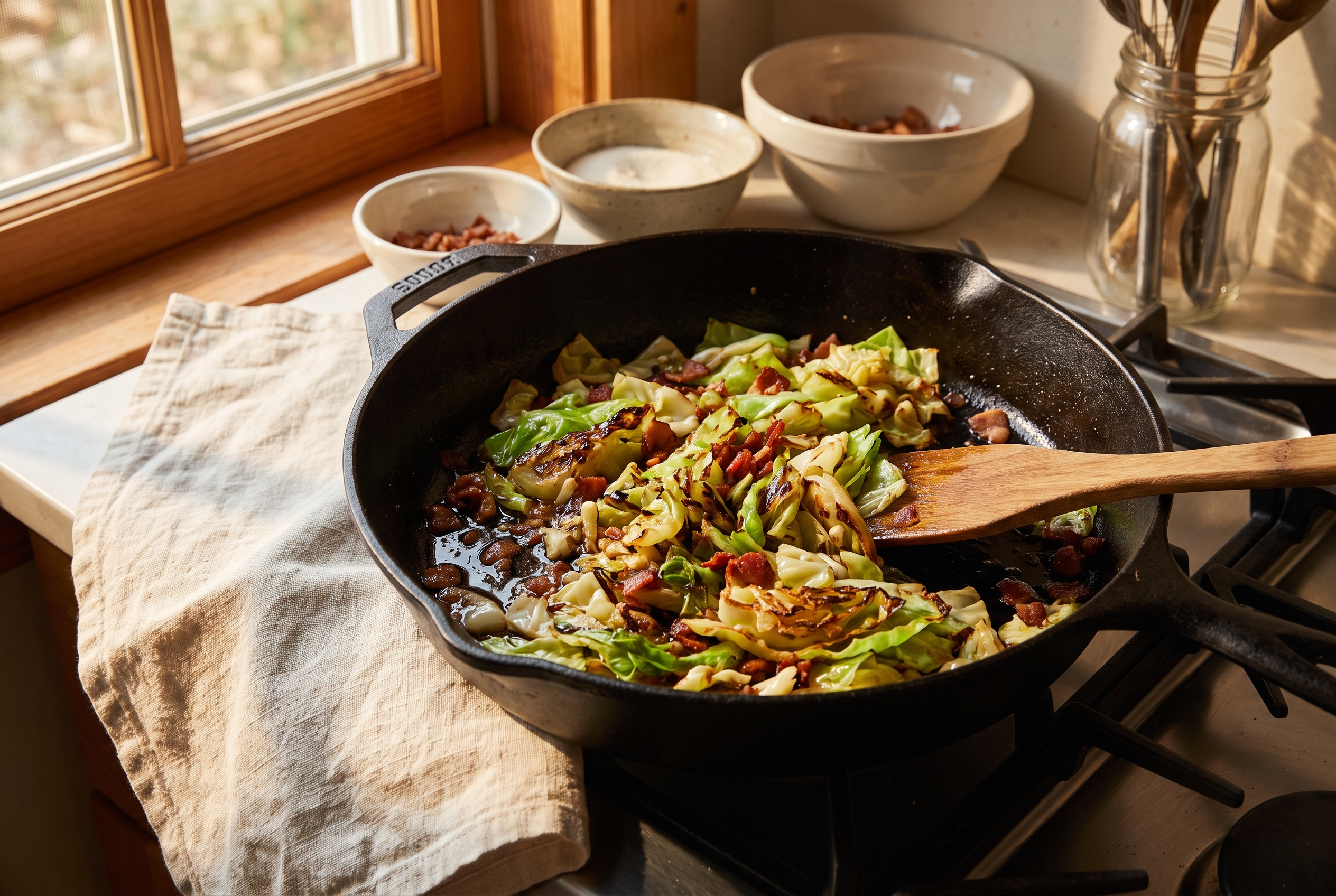 Chopped green cabbage cooking in bacon fat in a cast iron skillet with edges starting to caramelize