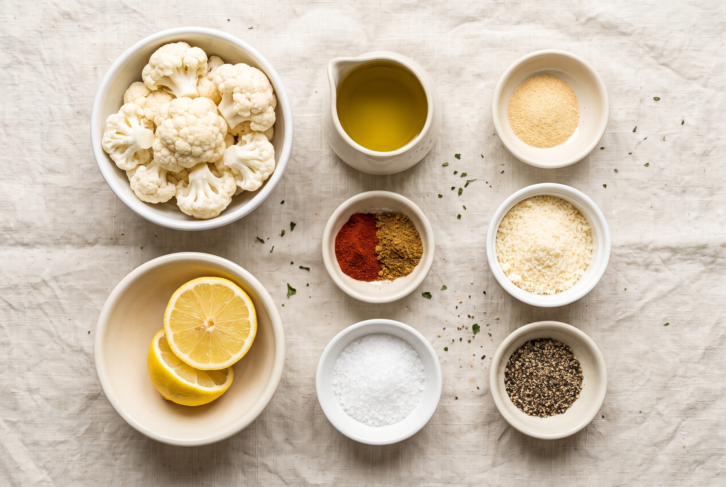 Ingredients for roasted cauliflower in small bowls — cauliflower florets, olive oil, garlic powder, smoked paprika, cumin, grated parmesan, lemon, salt and pepper