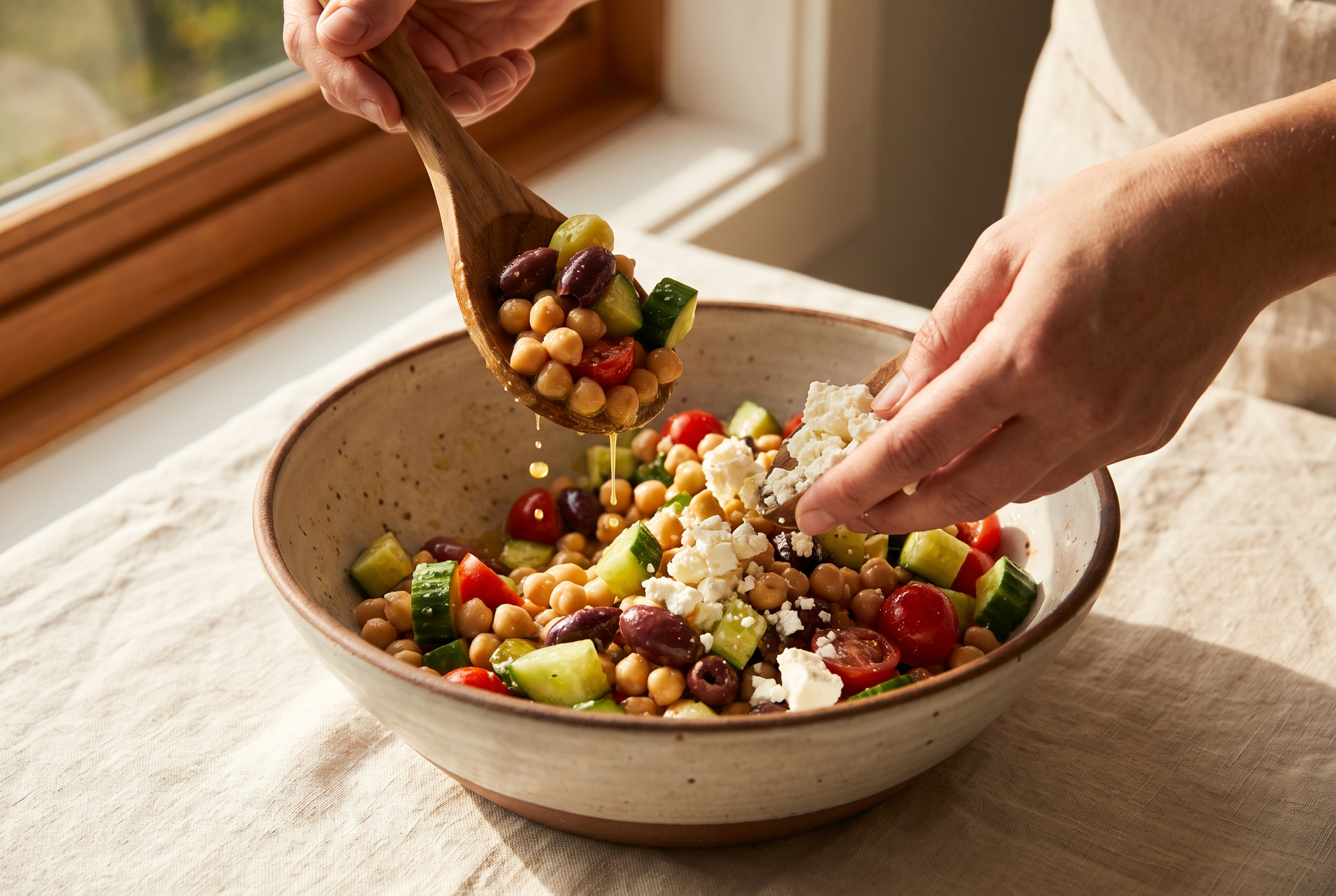 Chickpeas, cucumber, tomato, olives and crumbled feta being tossed with lemon dressing in a large bowl