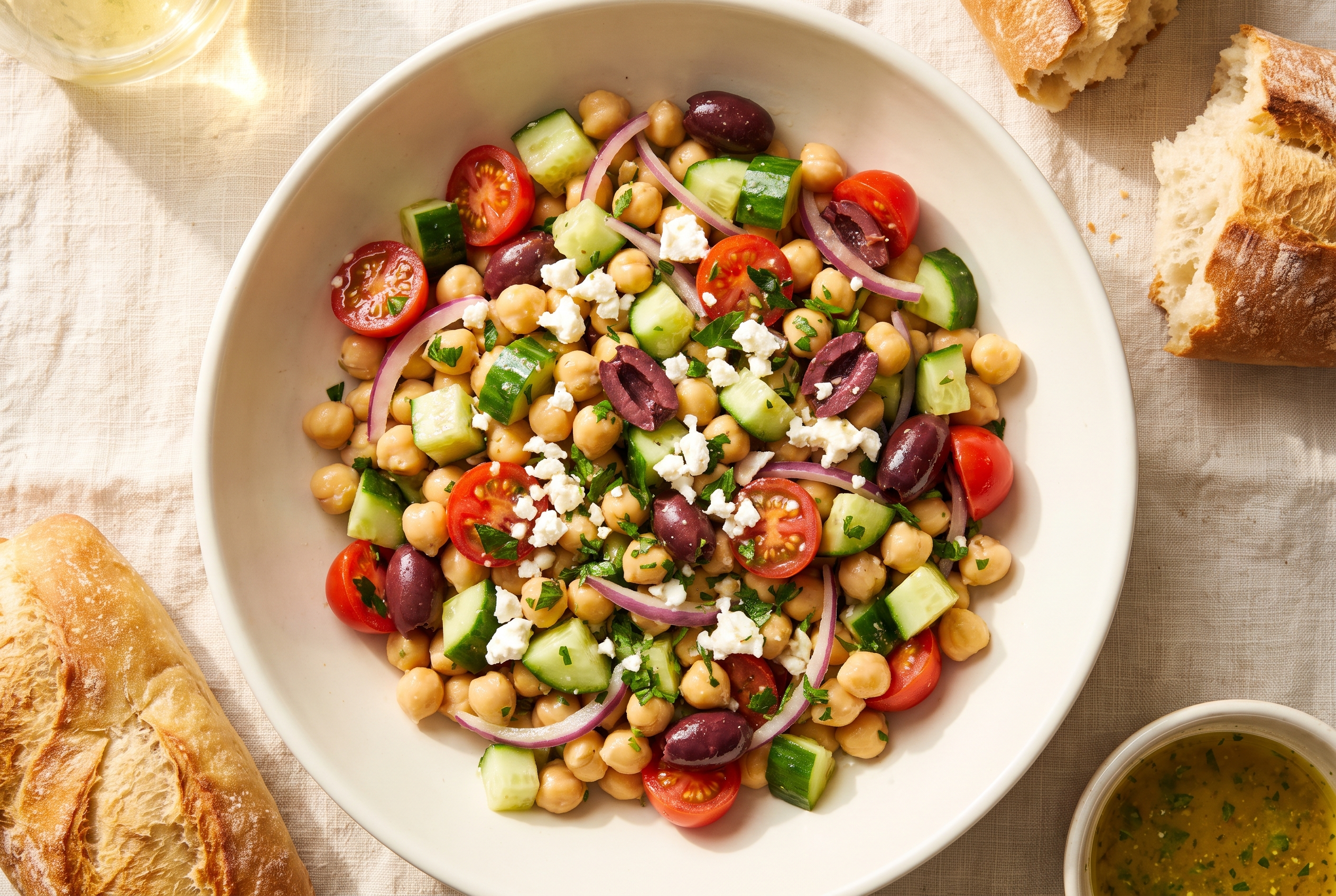 Mediterranean chickpea salad in a cream bowl — chickpeas, diced cucumber, cherry tomatoes, red onion, feta and parsley in lemon dressing, easy high fiber lunch recipe