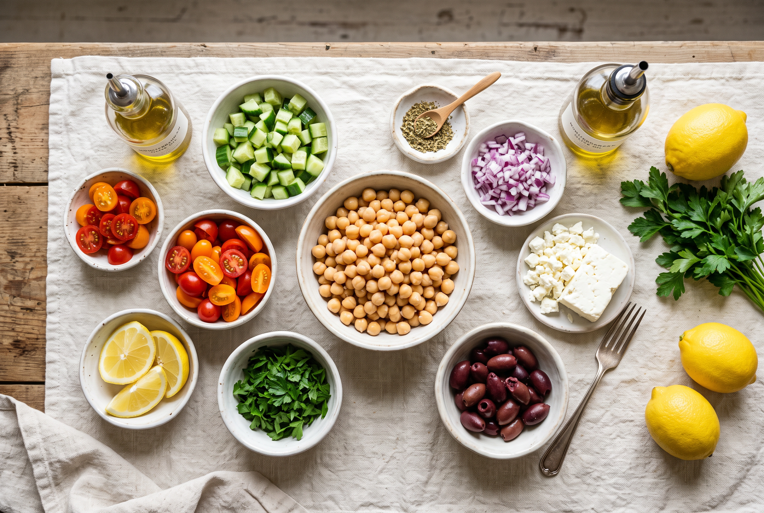 Ingredients for Mediterranean chickpea salad in small bowls — canned chickpeas, cucumber, cherry tomatoes, red onion, feta, kalamata olives, parsley, lemon, olive oil and dried oregano