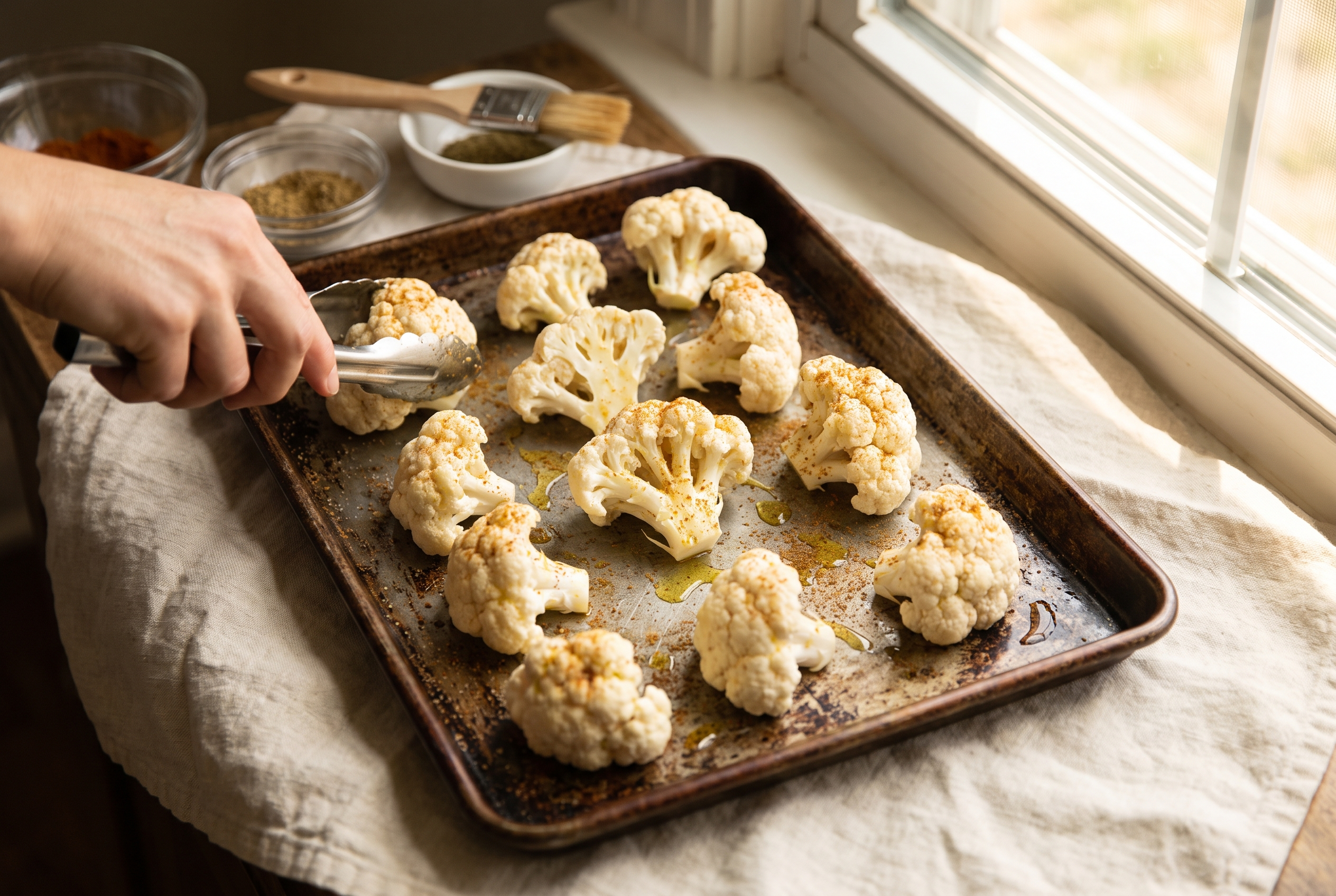 Cauliflower florets being tossed with olive oil, smoked paprika and cumin in a large white bowl