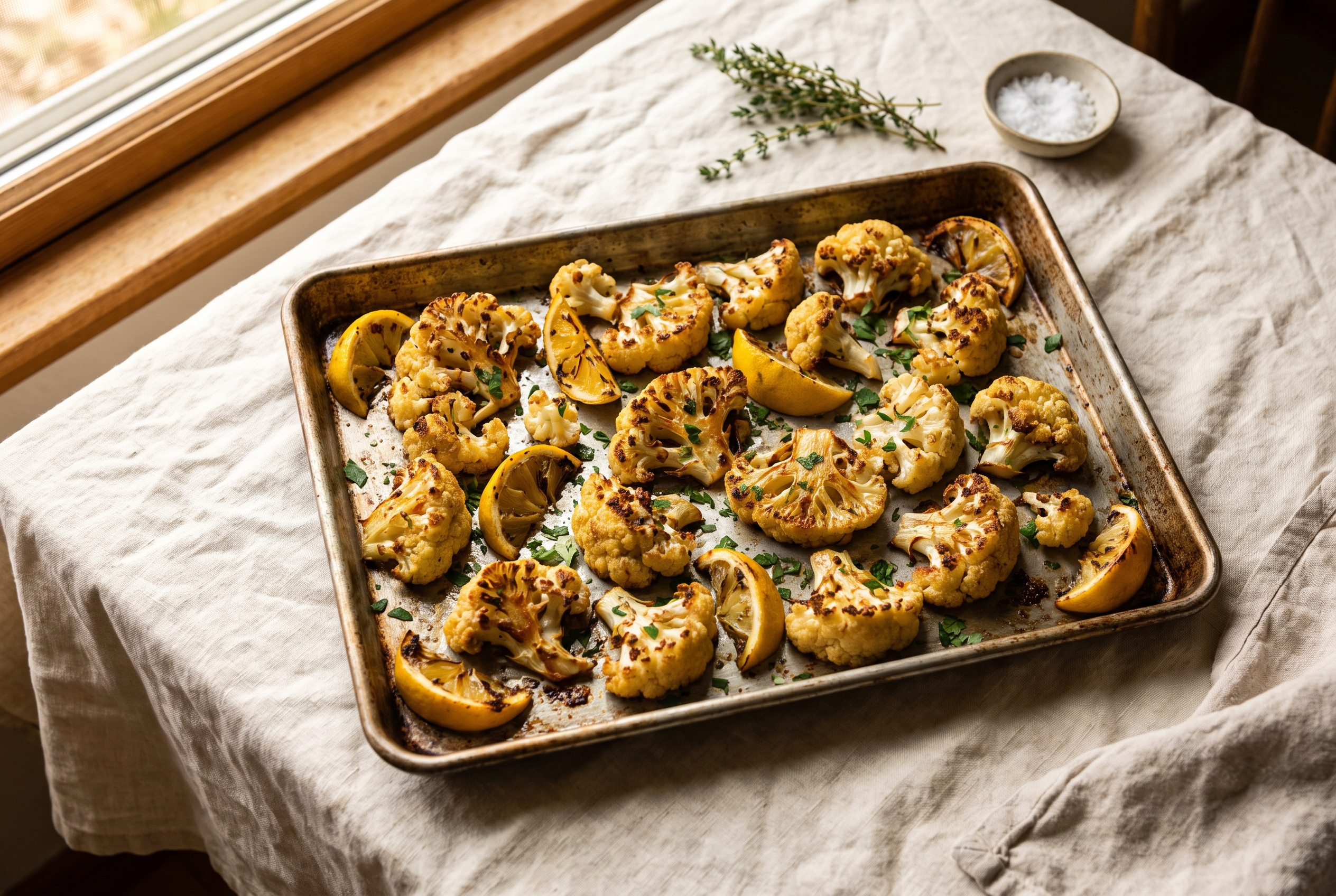 Roasted cauliflower on a sheet pan — deeply golden caramelized florets with crispy browned edges, parmesan, lemon and parsley, easy healthy low carb side dish