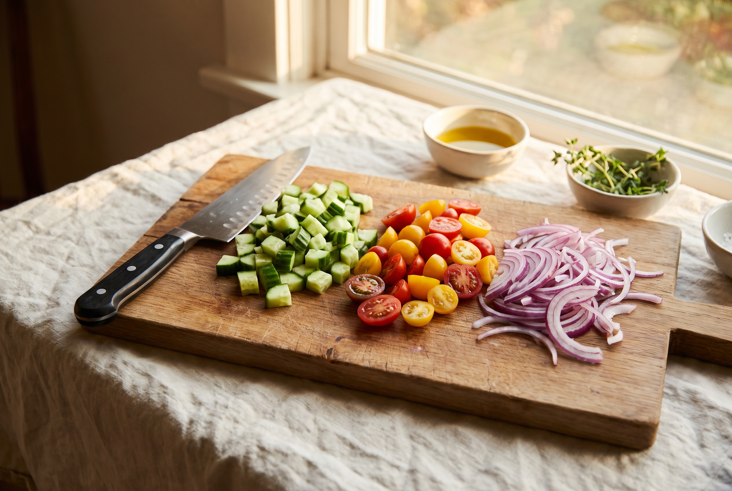 Diced cucumber, halved cherry tomatoes and thinly sliced red onion on a board for Mediterranean chickpea salad