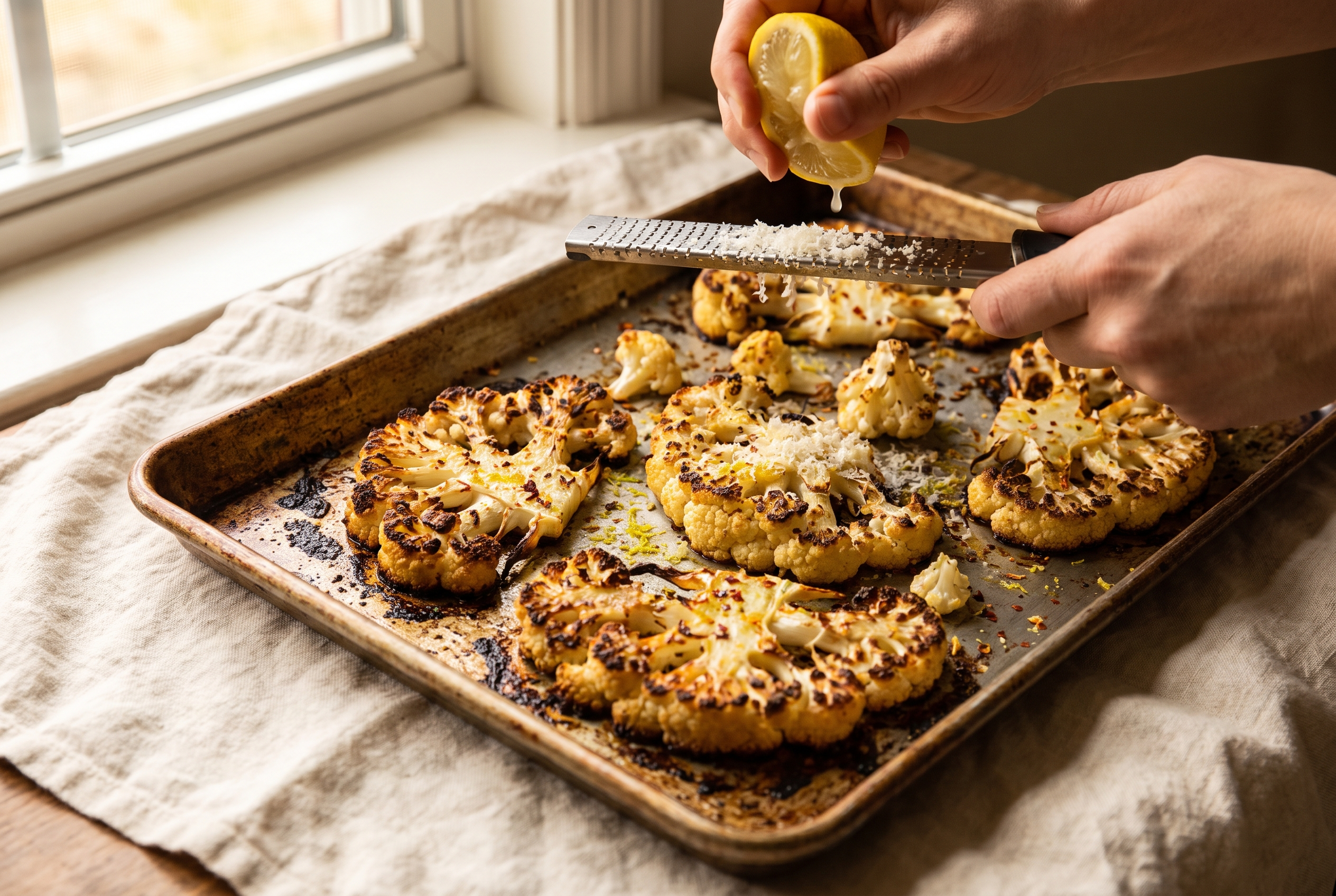 Roasted cauliflower on a sheet pan with deep golden crispy edges, parmesan and lemon being added