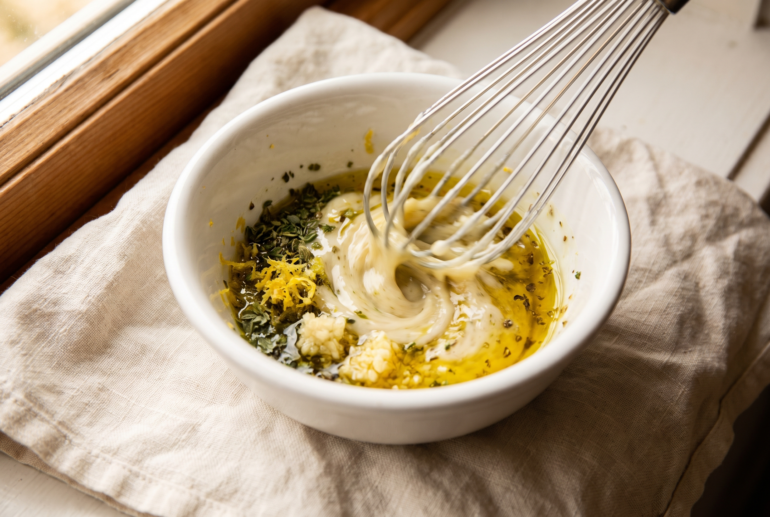 Lemon, olive oil, oregano and garlic dressing being whisked in a small white bowl