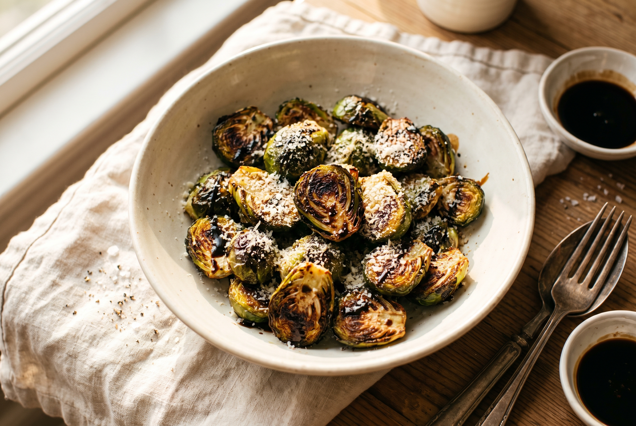 Air fryer brussels sprouts in a cream bowl — halved sprouts with crispy charred outer leaves, balsamic glaze and parmesan, easy 15-minute low carb side dish