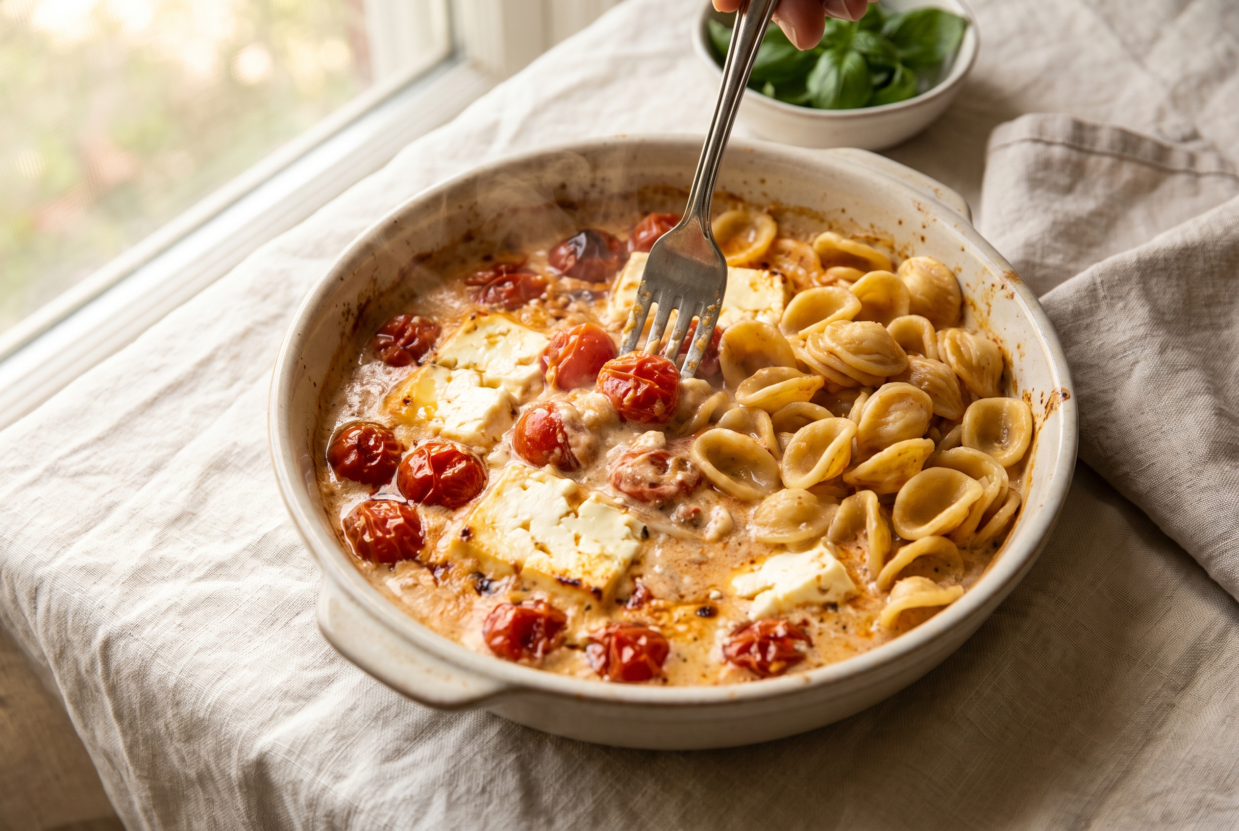 Melted feta and burst tomatoes being mashed into a creamy sauce with a fork and tossed with short pasta