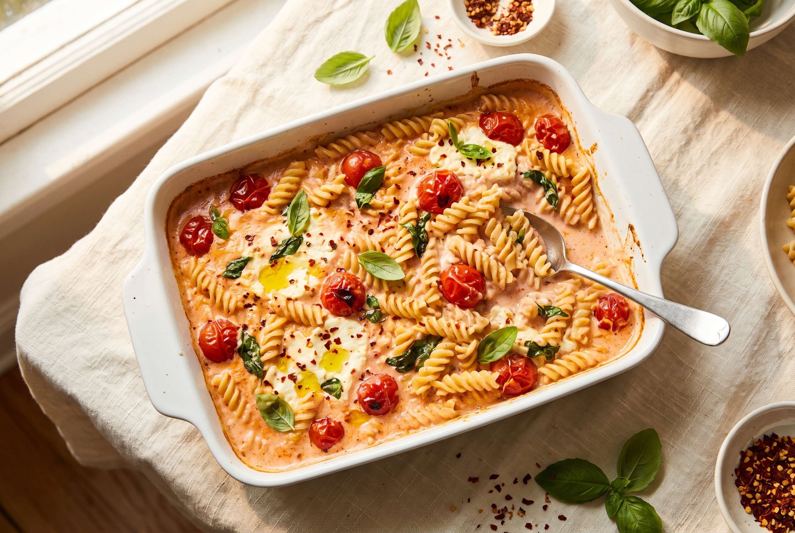 Baked feta pasta in a white baking dish — creamy pink-orange sauce of melted feta and burst cherry tomatoes tossed through pasta with fresh basil, easy 35-minute dinner recipe