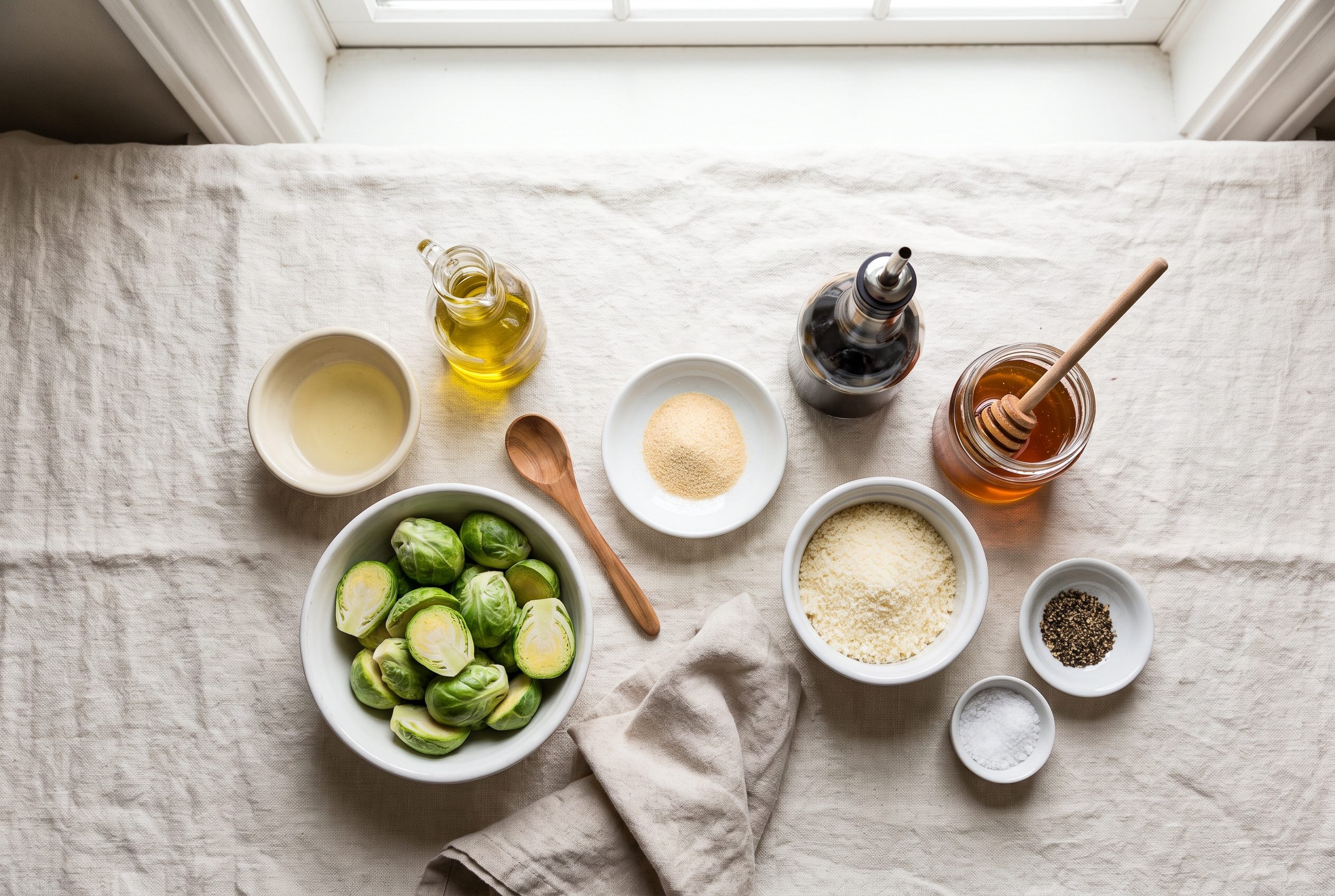 Ingredients for air fryer brussels sprouts in small bowls — halved brussels sprouts, olive oil, balsamic glaze, honey, garlic powder, parmesan, salt and pepper
