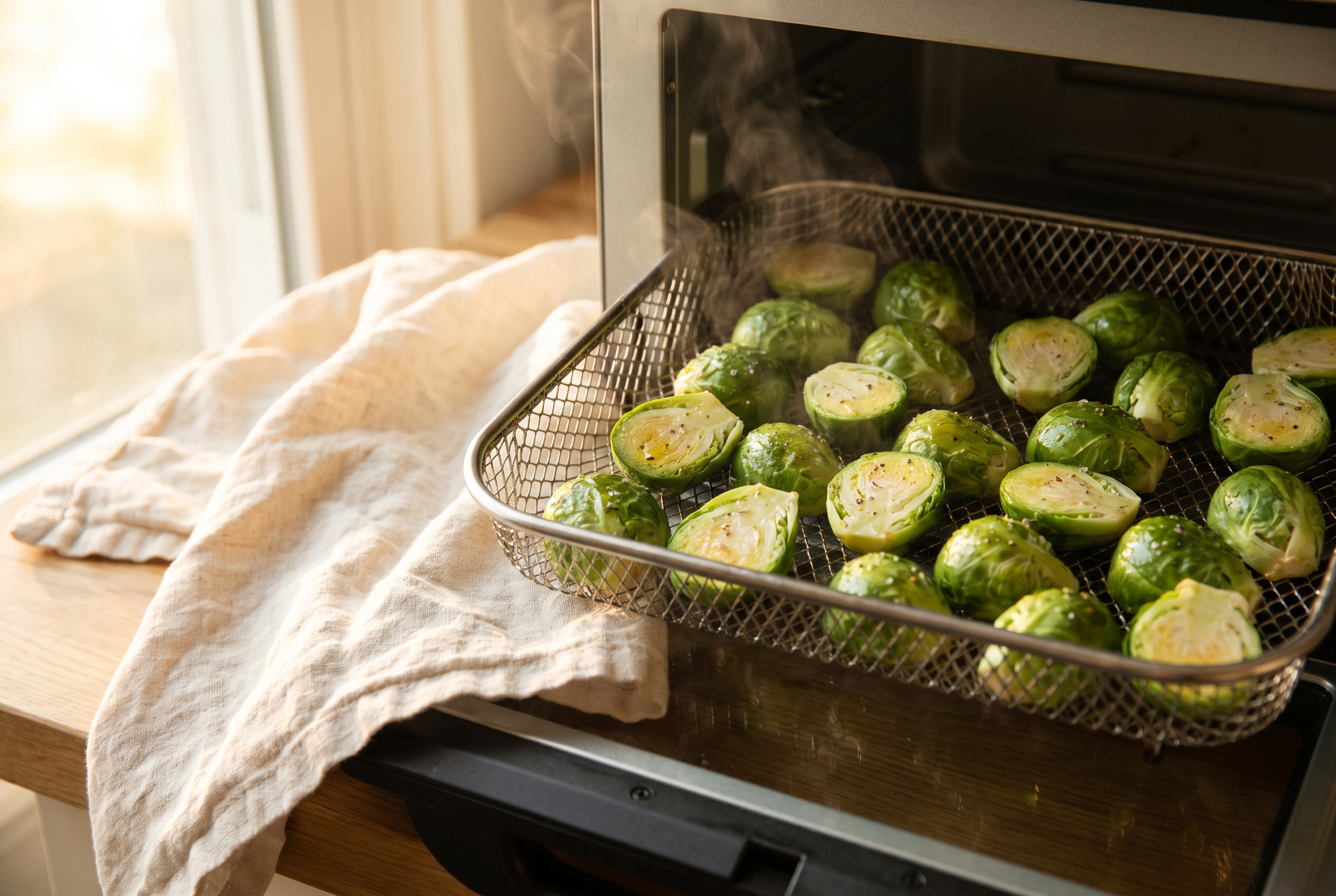 Halved brussels sprouts arranged cut-side down in an air fryer basket before cooking