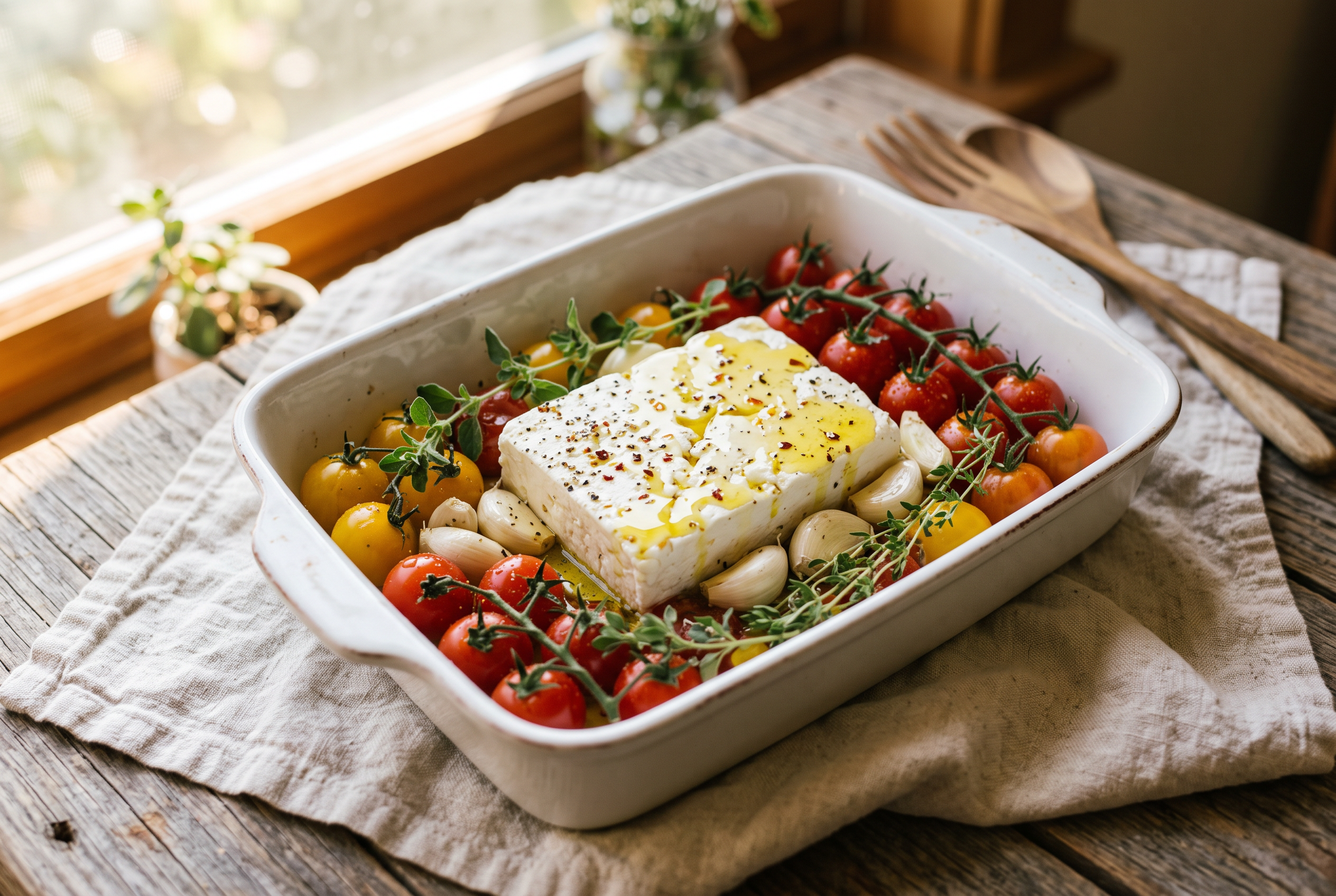 A whole block of feta surrounded by cherry tomatoes and garlic cloves in a white baking dish drizzled with olive oil