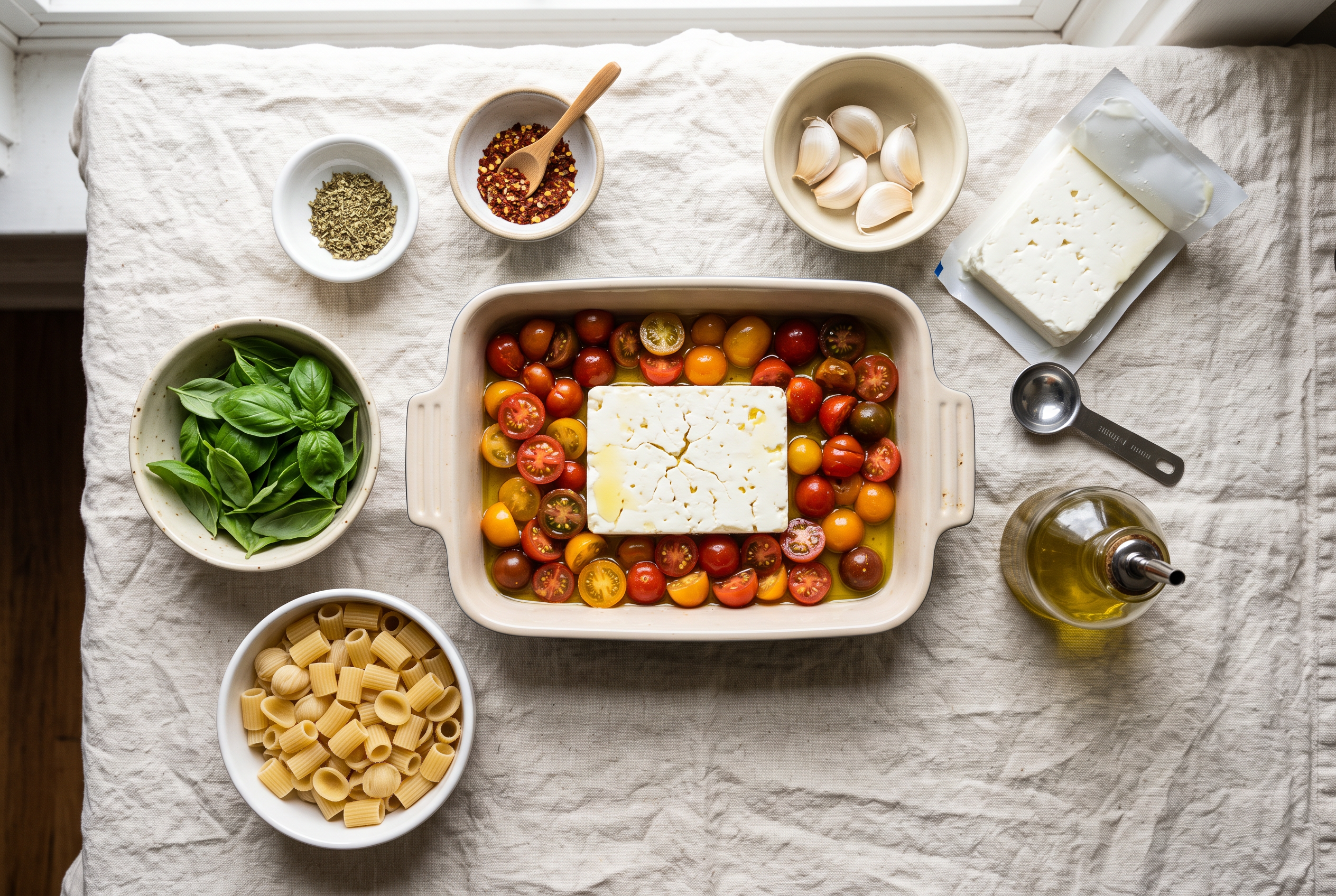 Ingredients for baked feta pasta in small bowls — a block of feta, cherry tomatoes, olive oil, garlic cloves, dried oregano, red pepper flakes, short pasta and fresh basil