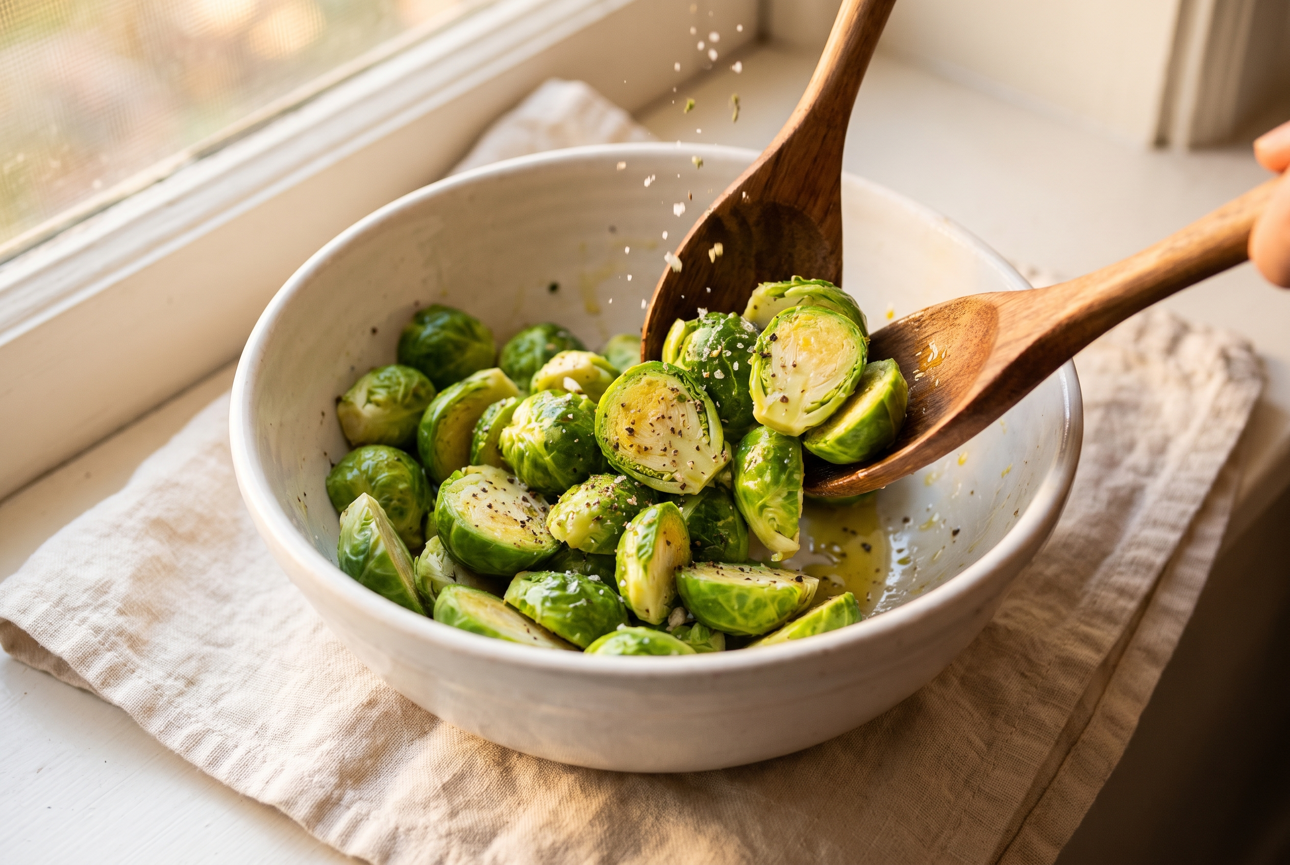 Brussels sprouts being trimmed and halved on a wooden board with loose leaves saved