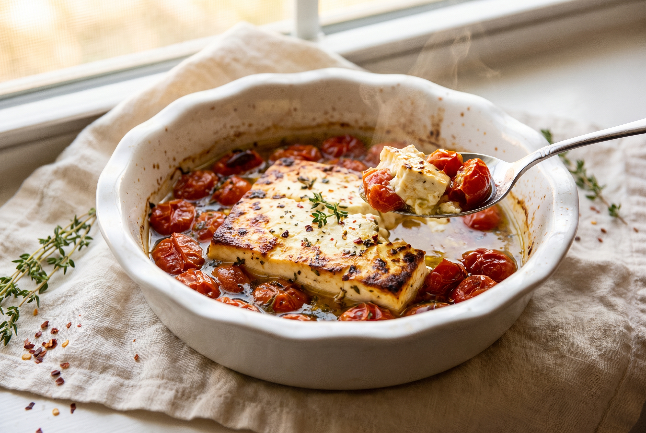 Baked feta golden on top surrounded by burst blistered cherry tomatoes fresh from the oven