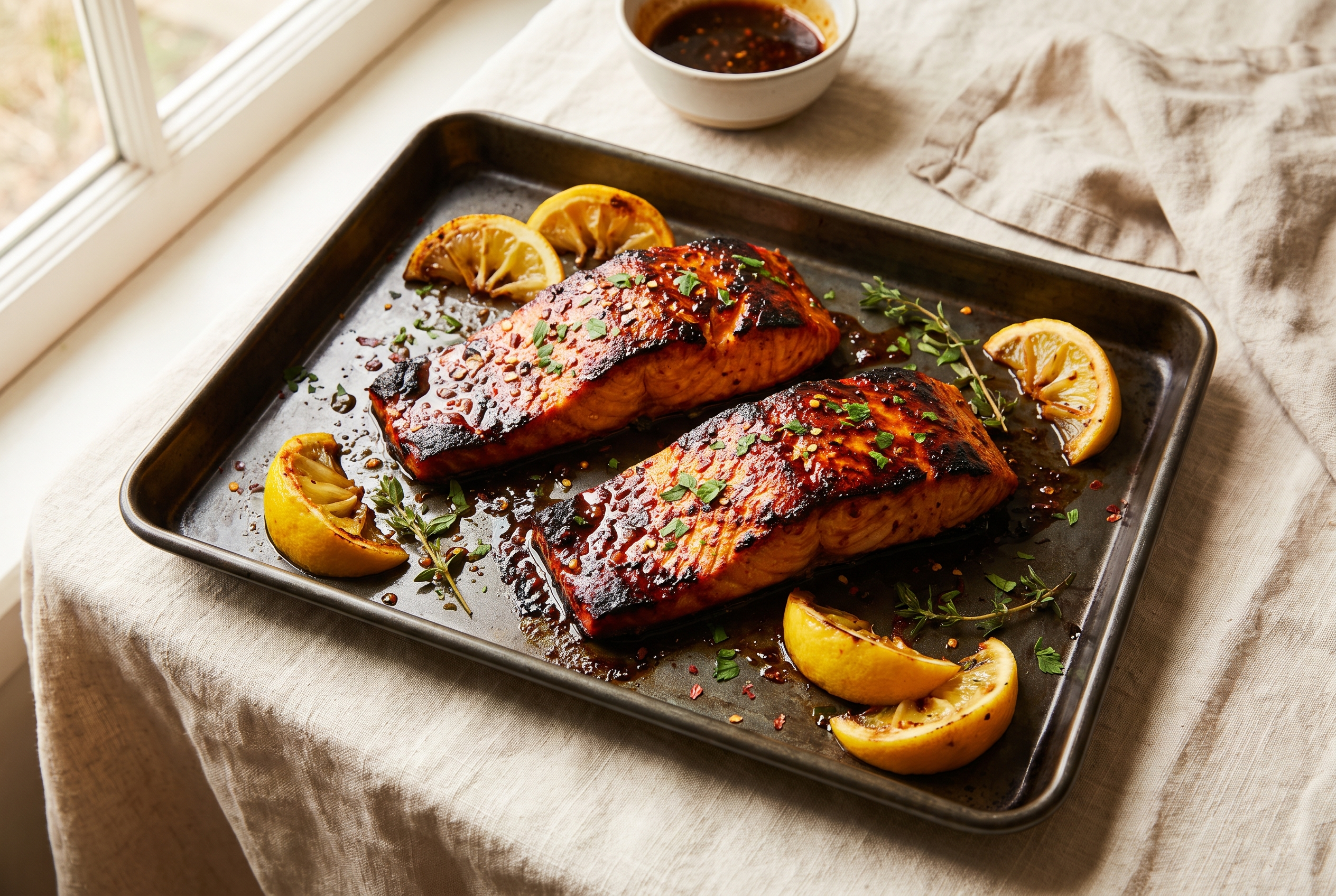 Hot honey salmon fillets on a sheet pan — glossy caramelized chili honey glaze with charred edges, lemon and parsley, easy 20-minute high protein dinner recipe