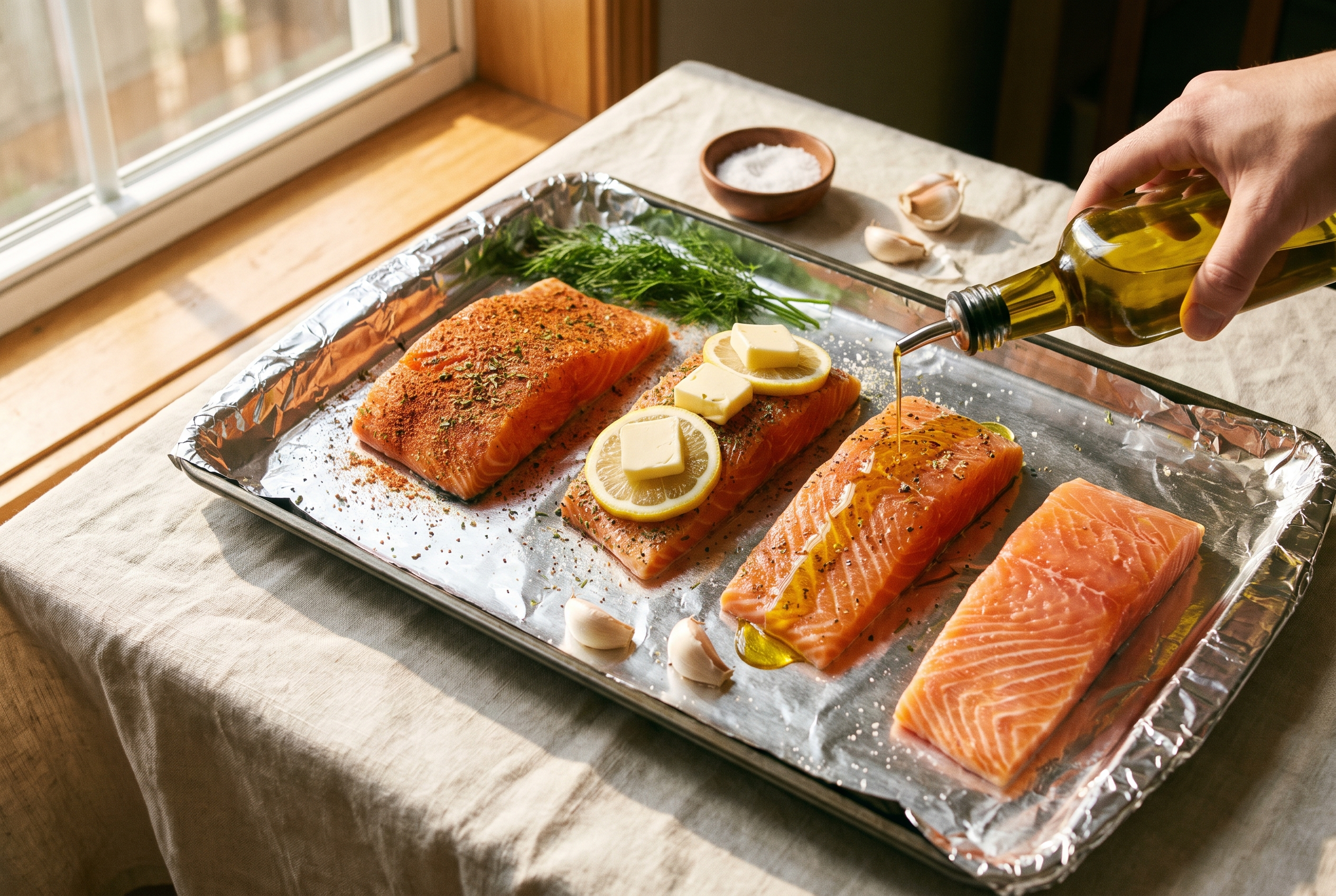 Seasoned salmon fillets on a foil-lined sheet pan going under the broiler