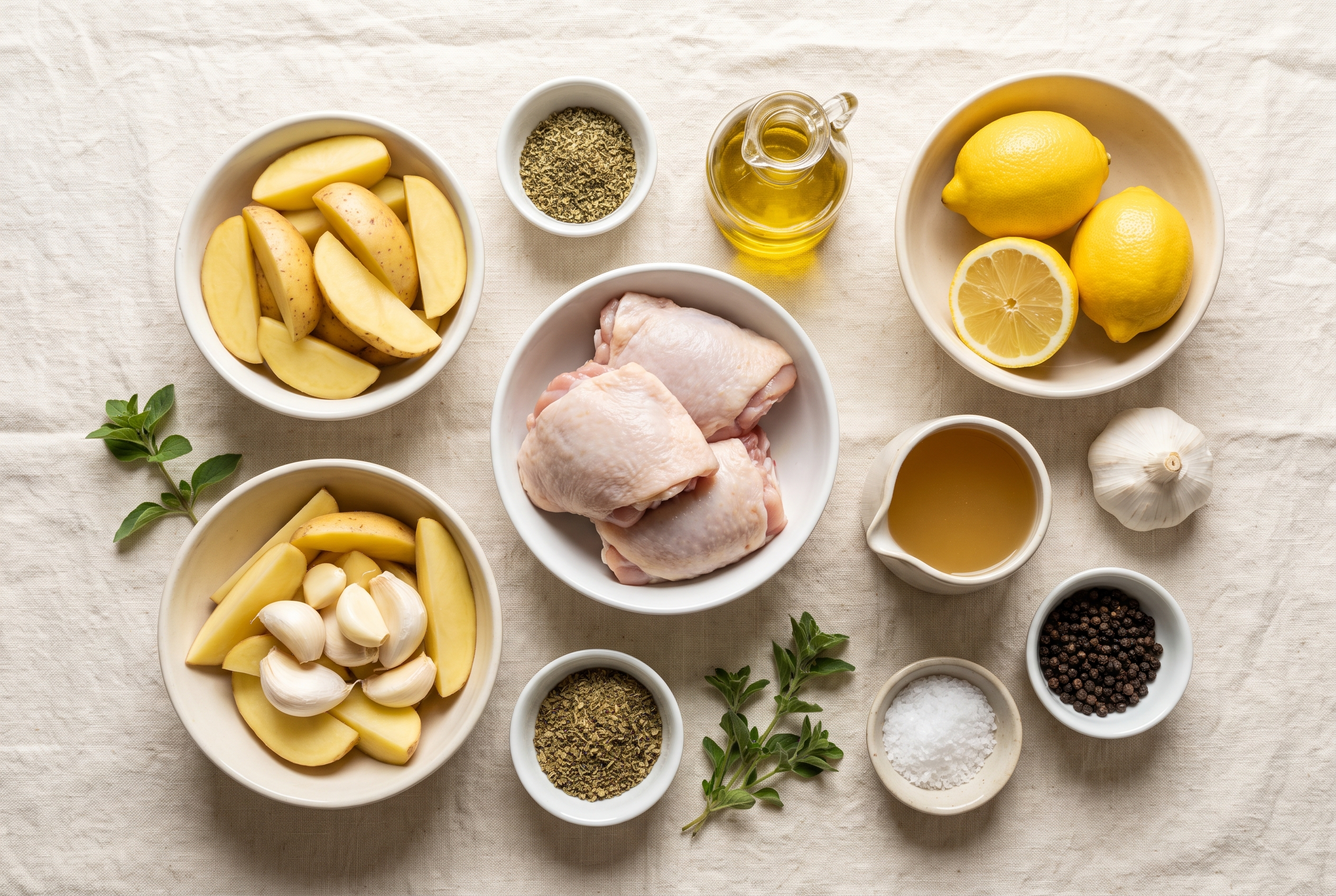 Ingredients for Greek lemon chicken and potatoes in small bowls — bone-in chicken thighs, Yukon gold potatoes, lemons, olive oil, garlic, dried oregano, chicken broth, salt and pepper