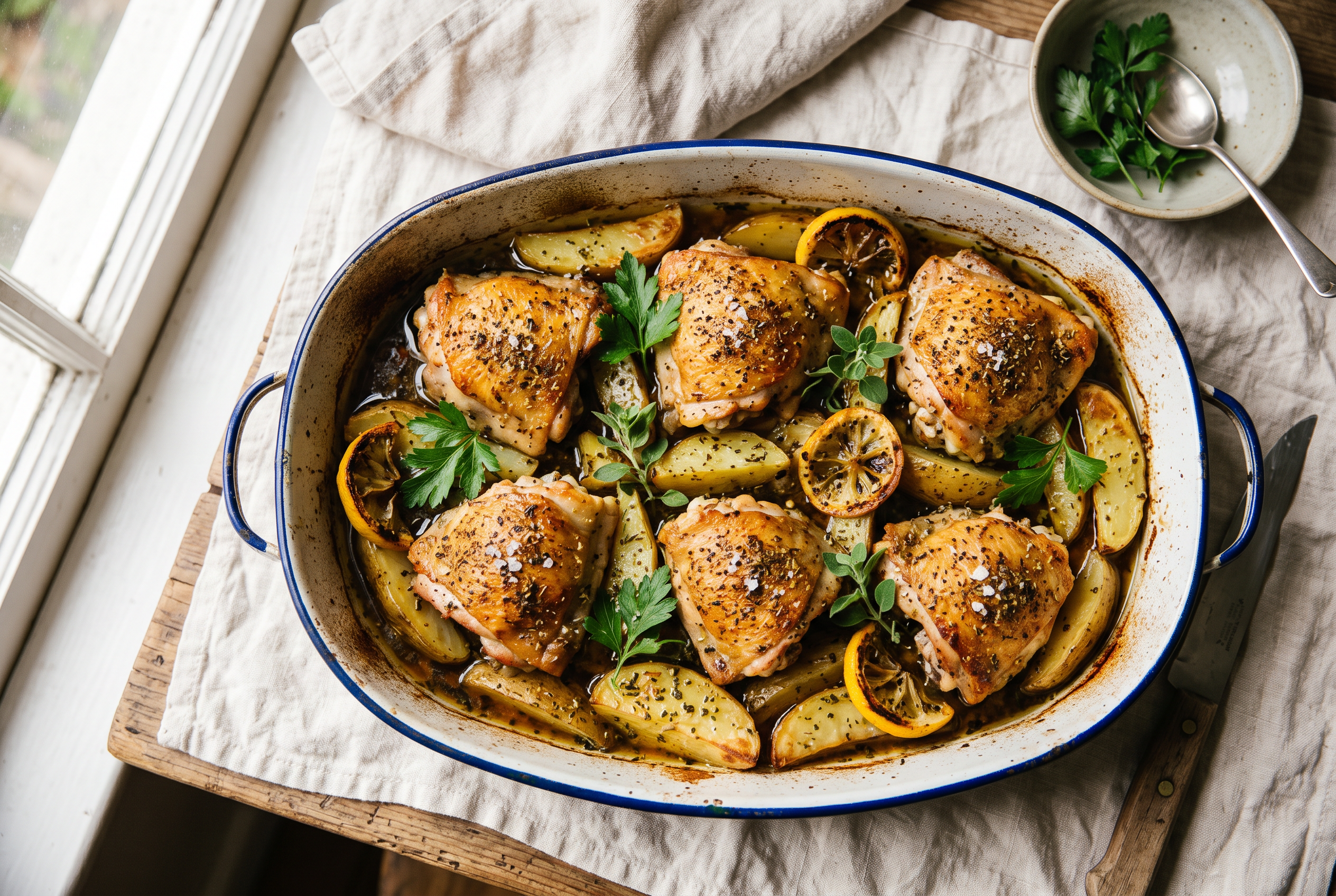 Greek lemon chicken and potatoes in a roasting pan — golden chicken thighs with crisp lemony potato wedges, oregano and lemon slices, easy one-pan Mediterranean dinner recipe
