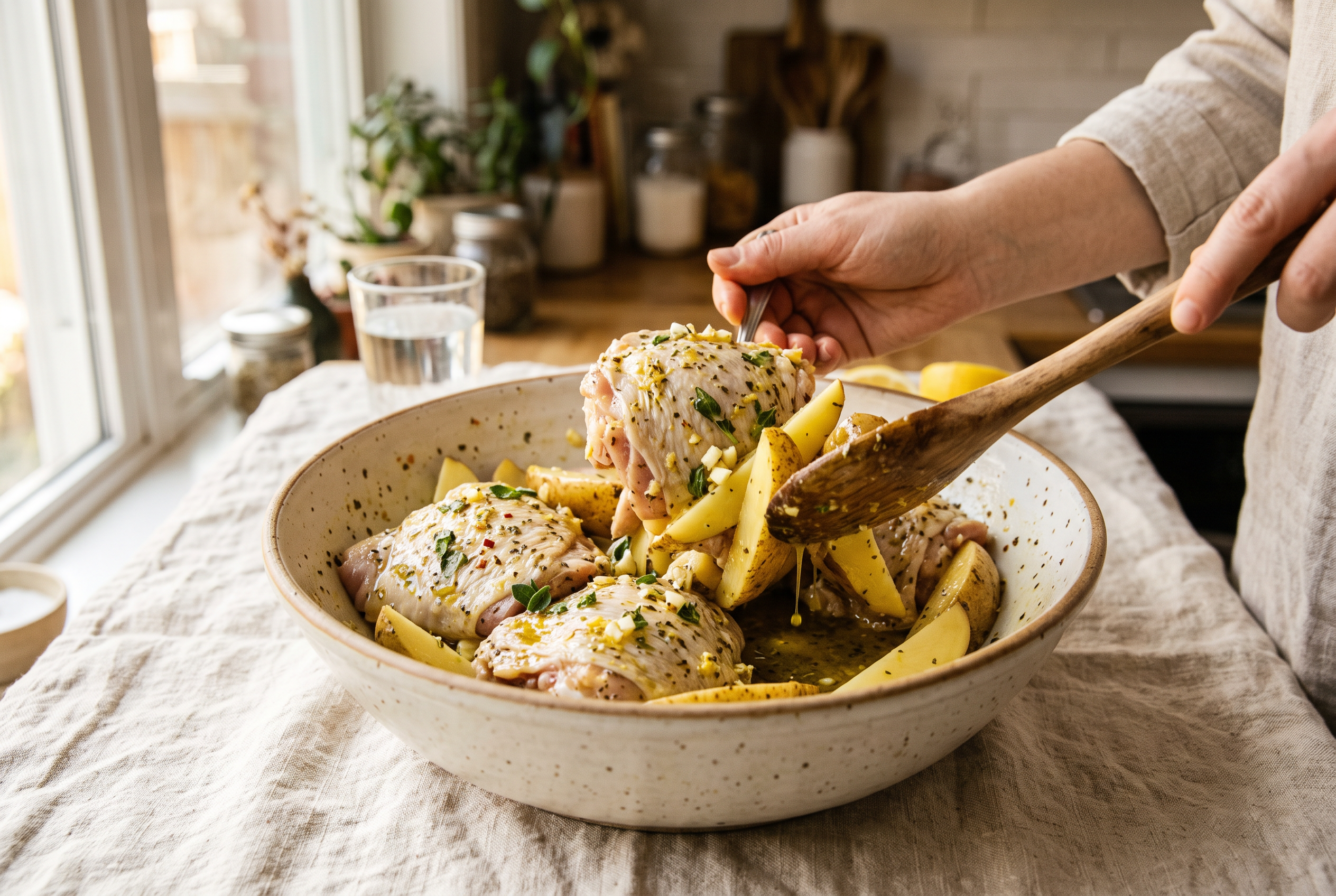 Chicken thighs and potato wedges being tossed in a lemon, olive oil, garlic and oregano marinade