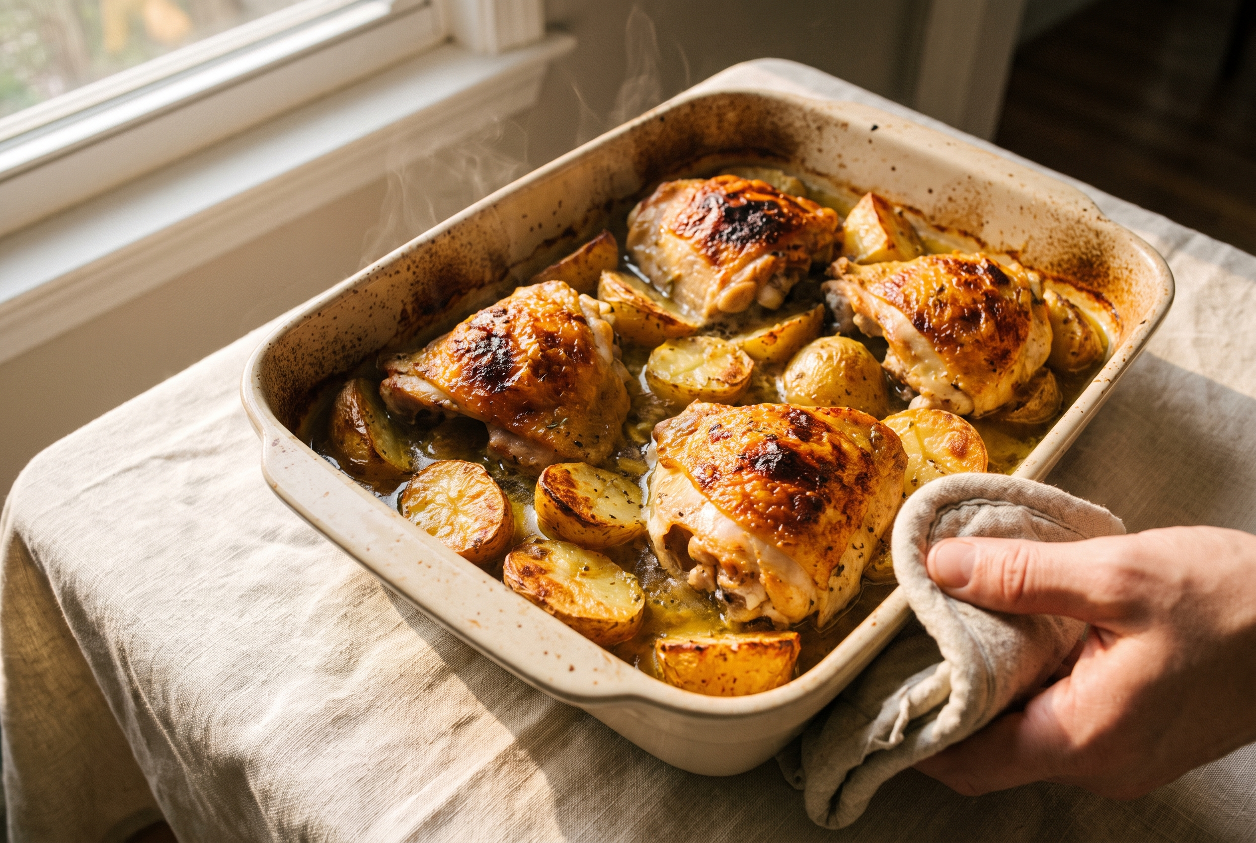 Greek lemon chicken and potatoes with golden crisp skin fresh from under the broiler