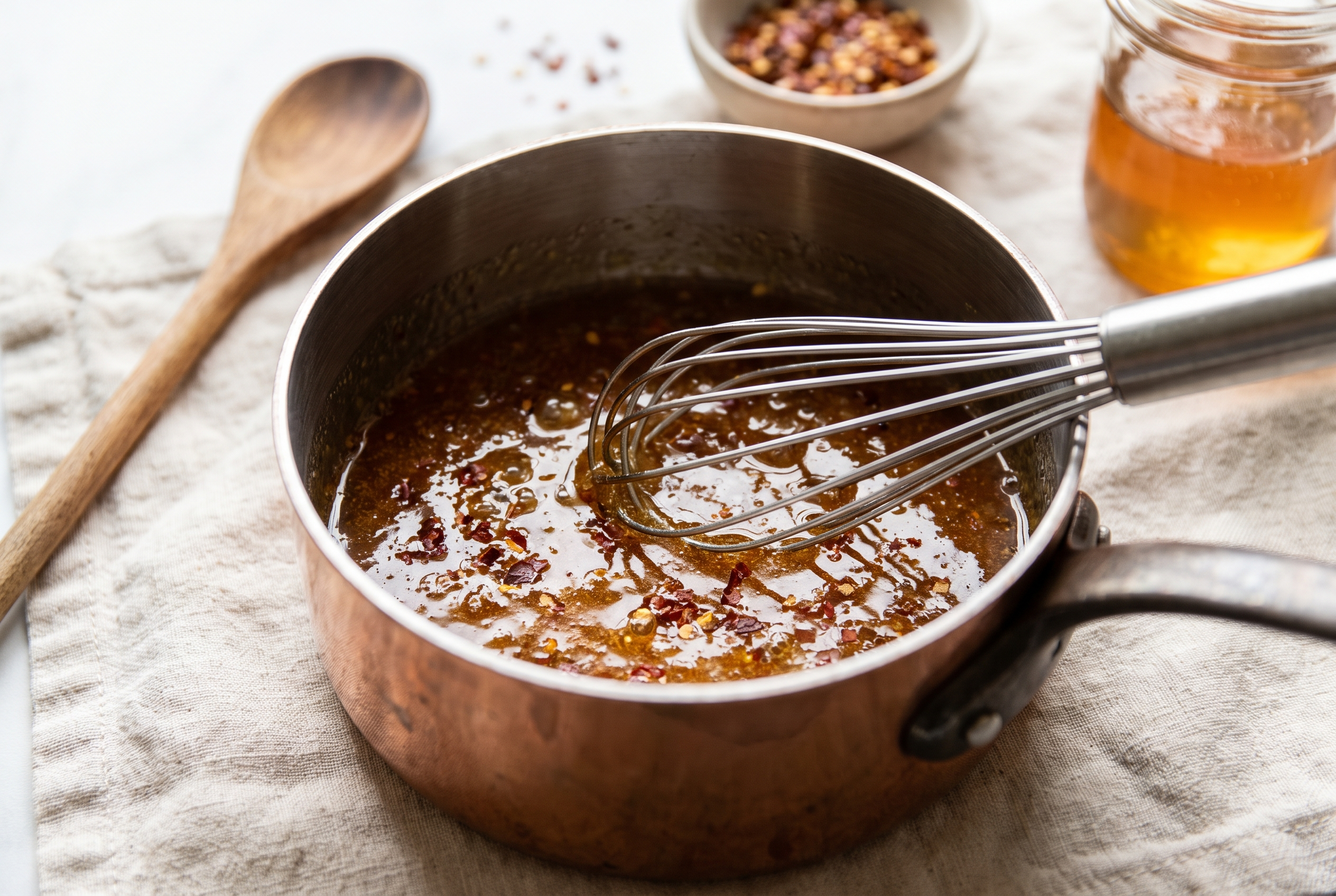Hot honey glaze with red chili flakes being warmed and whisked in a small saucepan