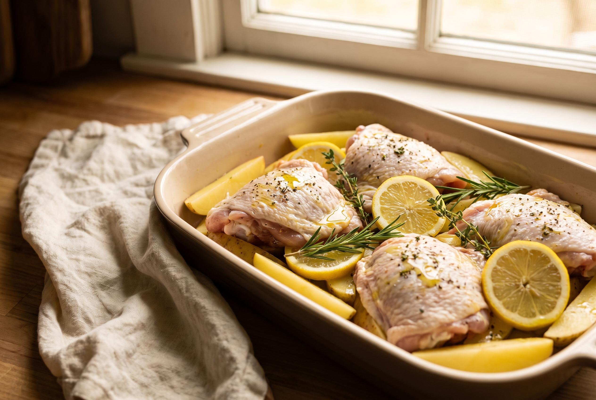 Chicken thighs arranged skin-side up over lemony potato wedges in a roasting pan before going in the oven