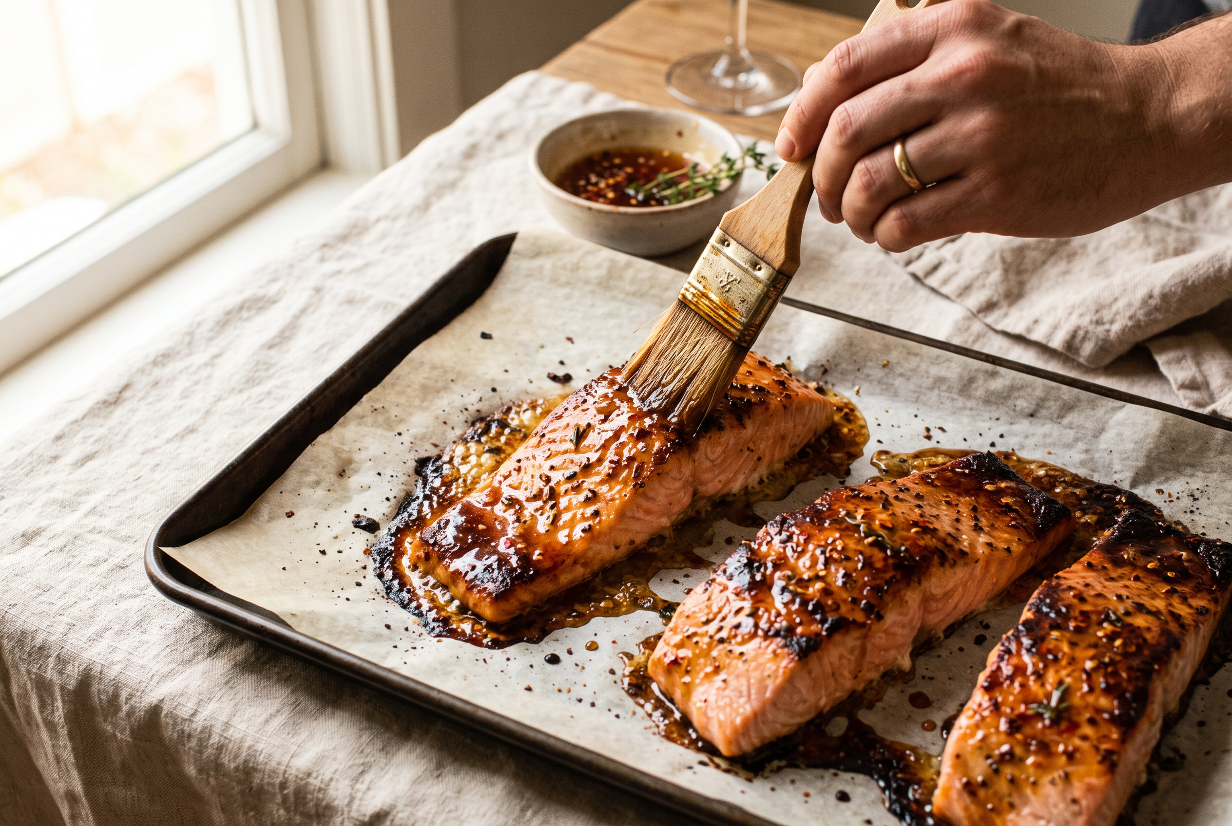 Salmon fillets being brushed with glossy hot honey glaze and broiled until caramelized and charred at the edges