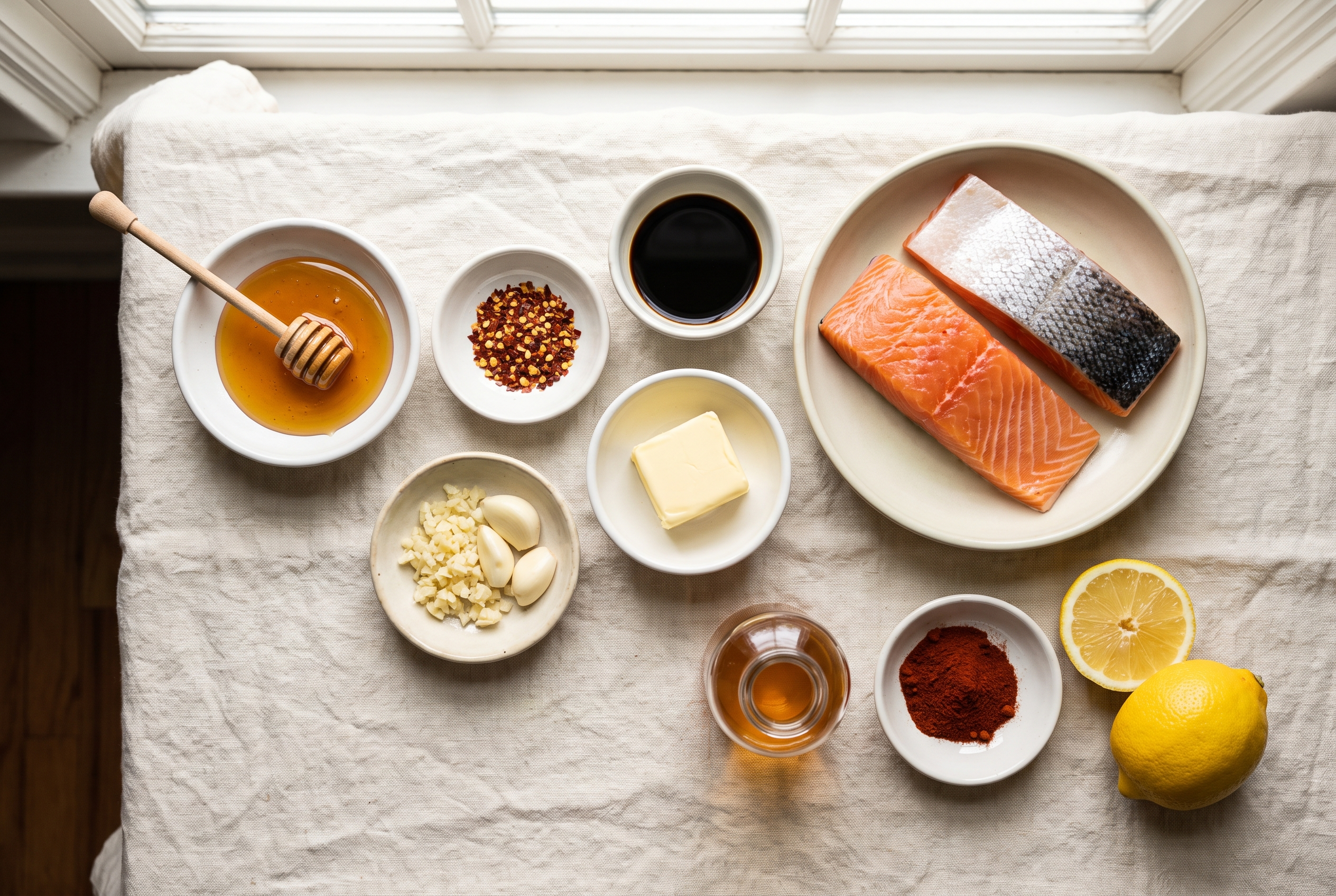 Ingredients for hot honey salmon in small bowls — salmon fillets, honey, red pepper flakes, soy sauce, garlic, butter, apple cider vinegar, smoked paprika and lemon