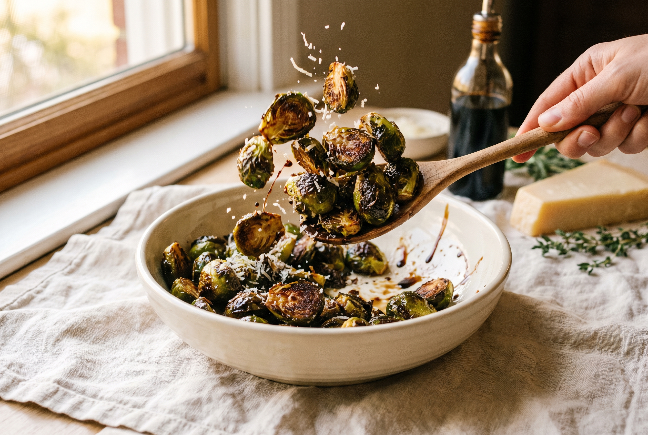 Crispy charred air fryer brussels sprouts being tossed with balsamic glaze and grated parmesan in a bowl