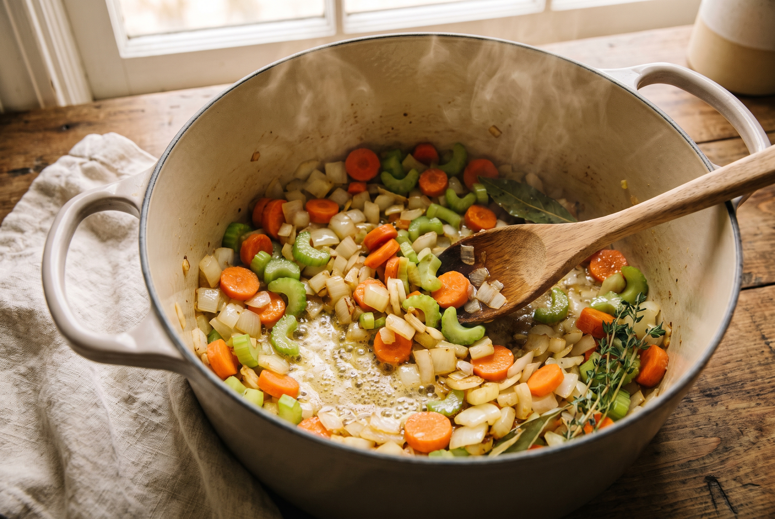 Diced onion, sliced carrots and celery softening in butter in a dutch oven with a wooden spoon