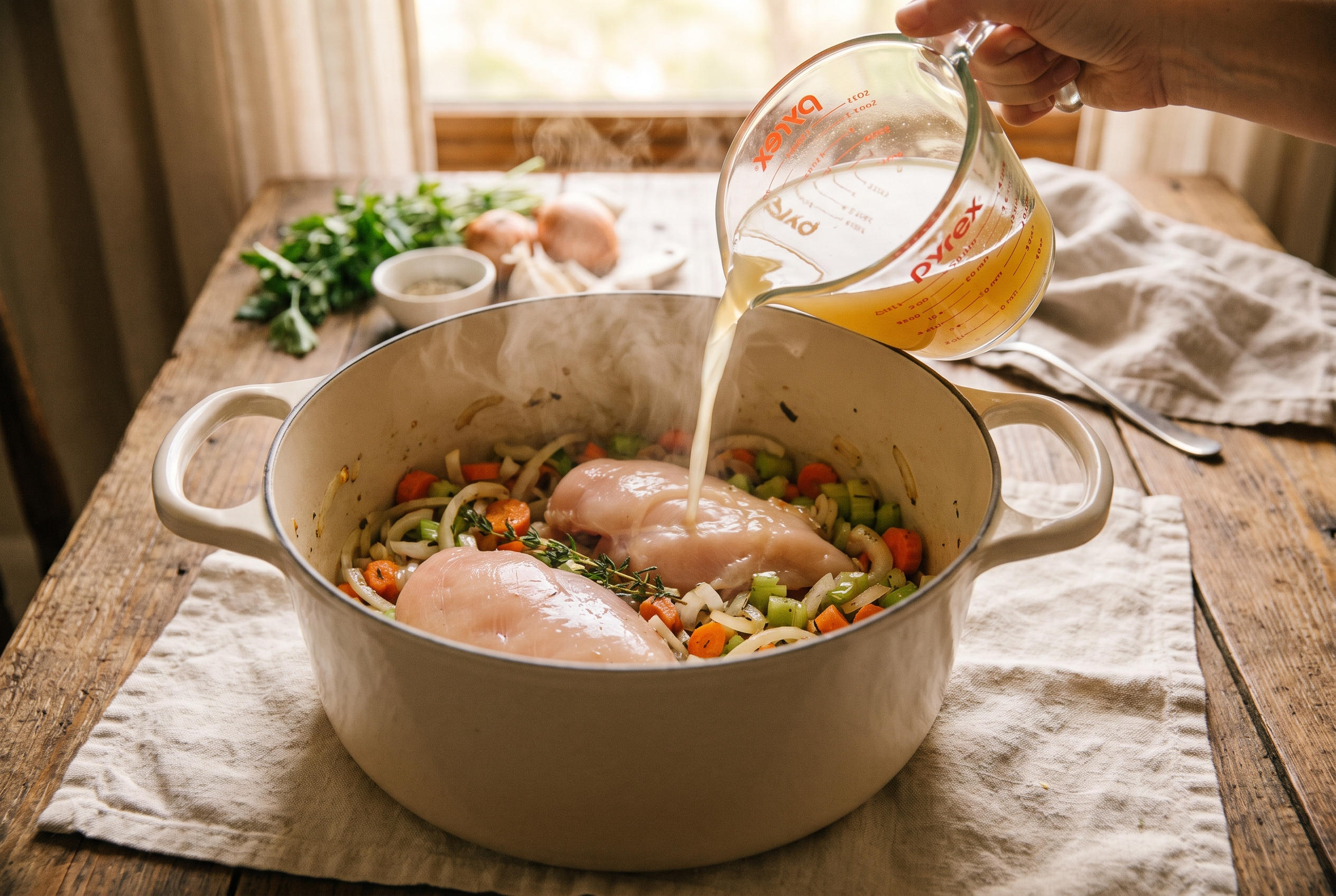 Chicken broth being poured into a dutch oven of sautéed vegetables with two raw chicken breasts nestled in