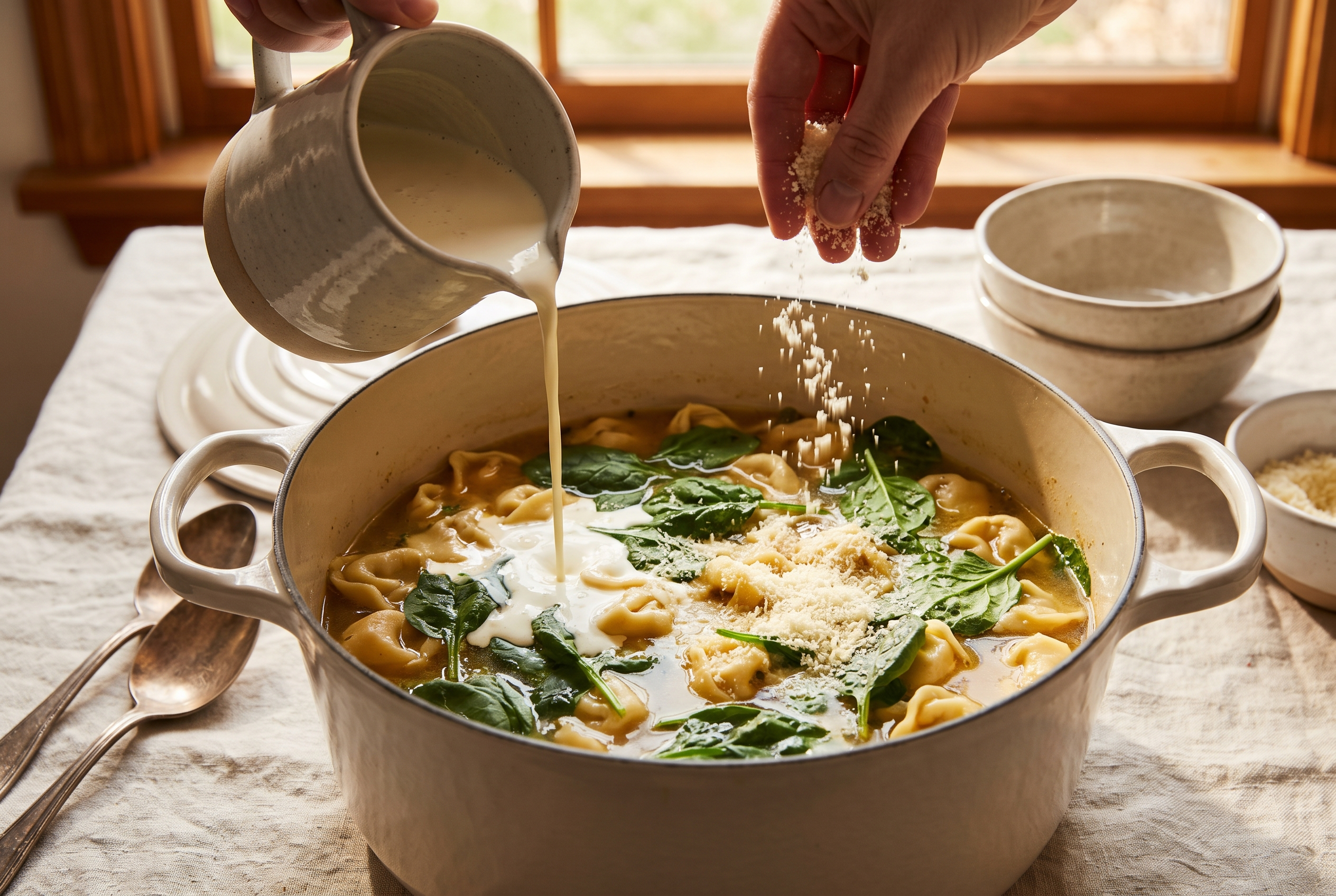 Heavy cream being poured into chicken tortellini soup with fresh spinach wilting on top and grated parmesan being sprinkled in