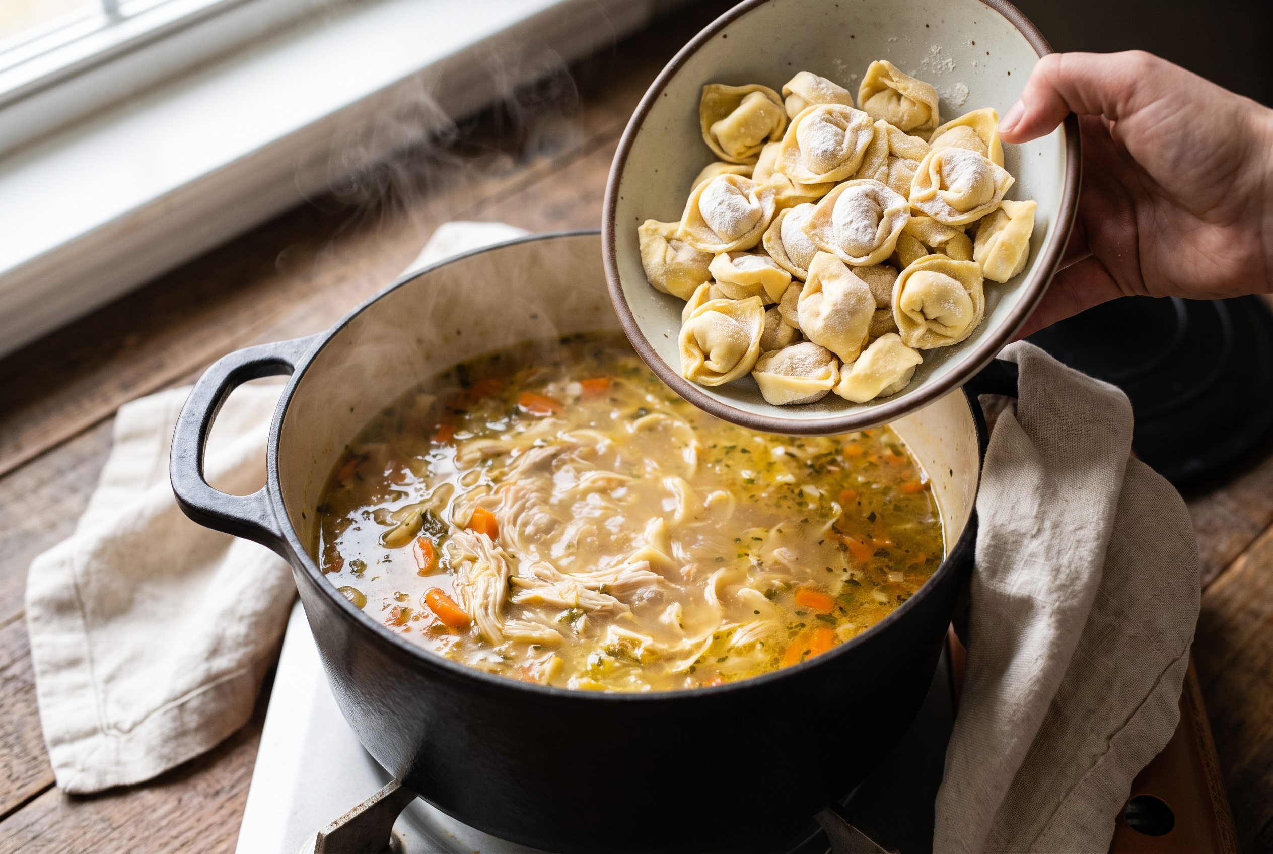 Fresh cheese tortellini being added from a bowl into simmering chicken soup in a dutch oven