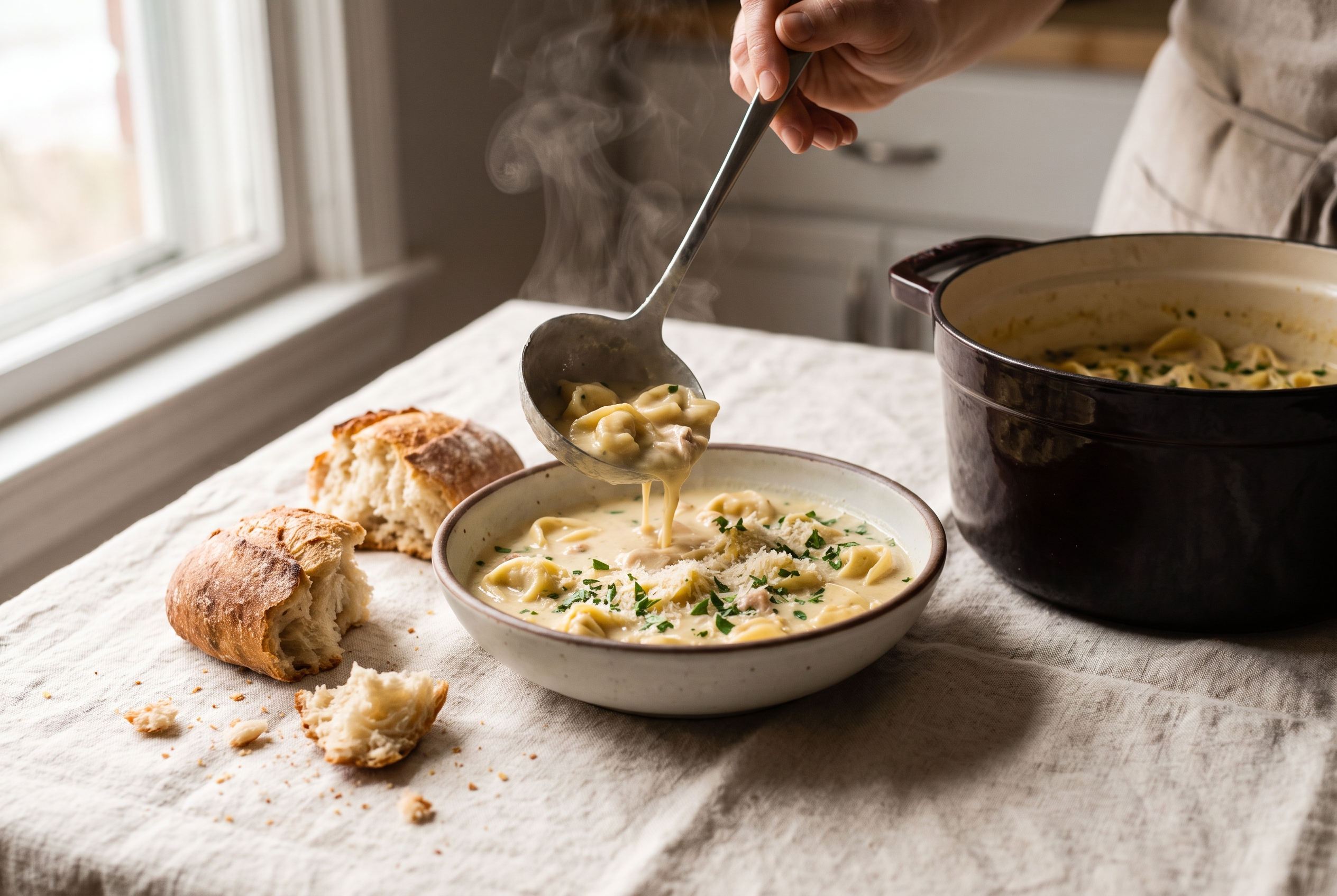 A bowl of creamy chicken tortellini soup being ladled from a dutch oven, steam rising, with torn crusty bread, parmesan and parsley