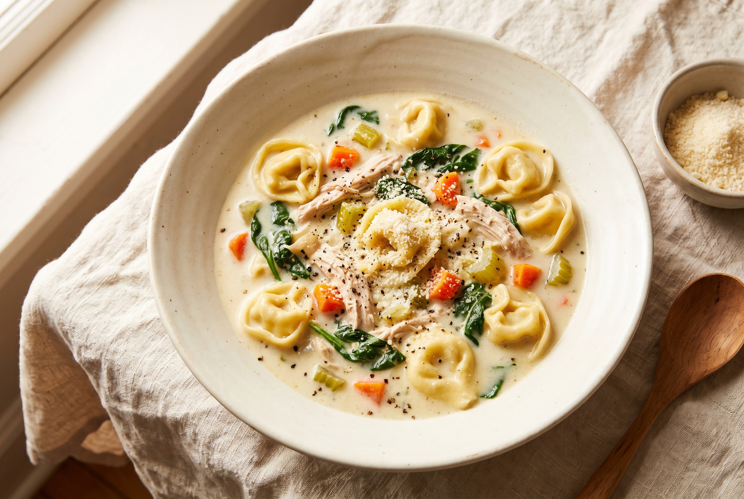 Creamy chicken tortellini soup in a wide cream bowl with cheese tortellini, shredded chicken, carrots, spinach, grated parmesan and cracked black pepper