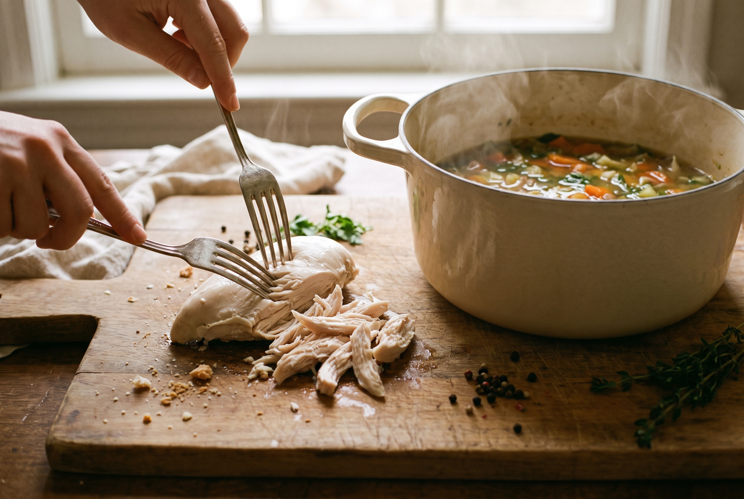 Two forks shredding poached chicken breast on a wooden board beside a steaming dutch oven of soup