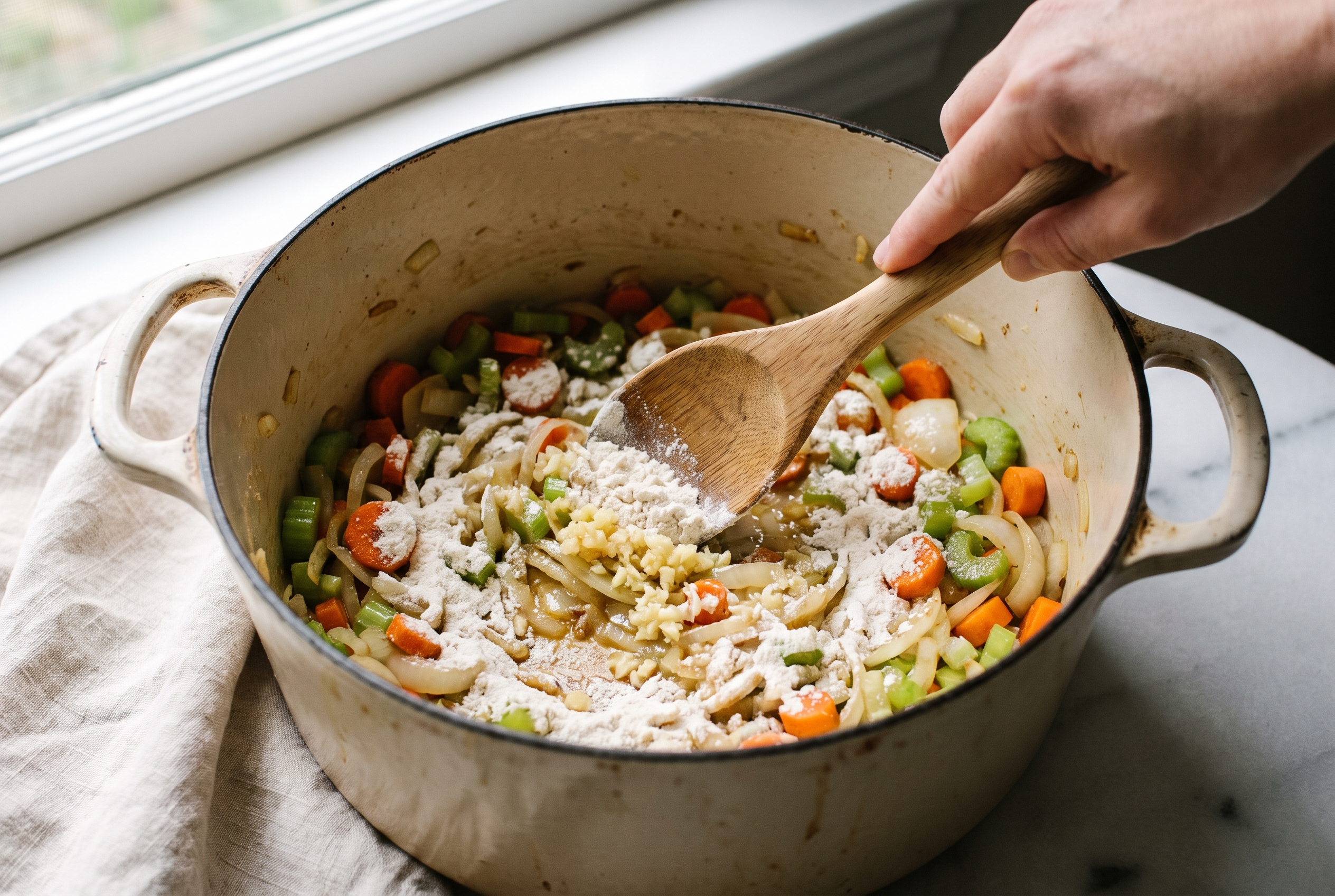 Flour and minced garlic being stirred into softened vegetables in a dutch oven to form a light roux