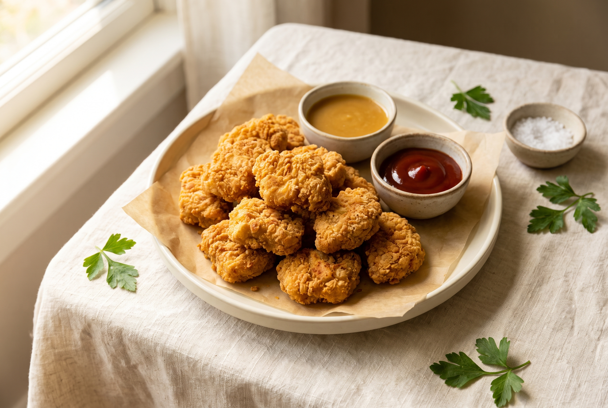 Crispy golden homemade air fryer chicken nuggets piled on a parchment-lined plate with small bowls of honey mustard and ketchup