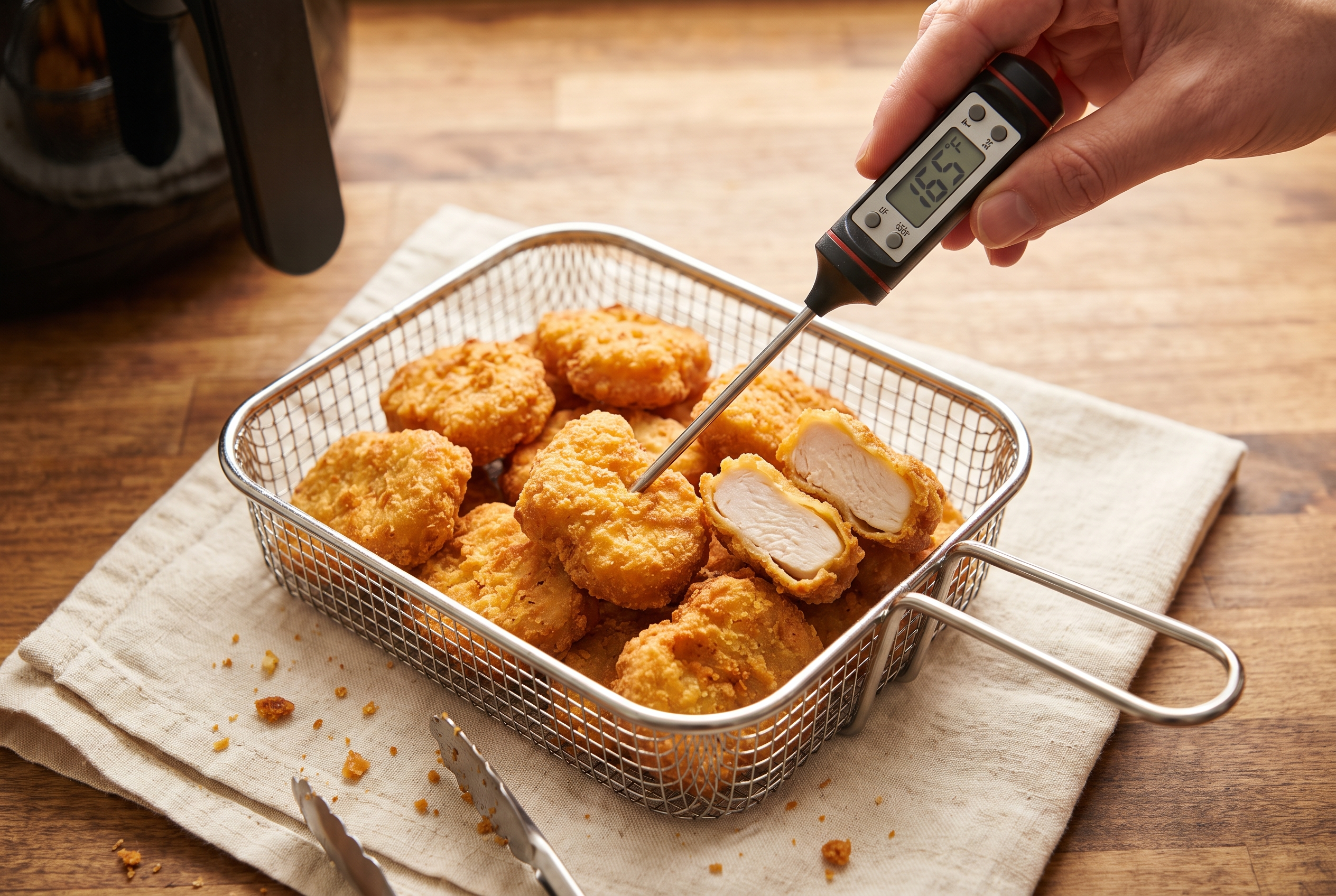 Crispy golden brown air fryer chicken nuggets in the basket, one cut open to show juicy chicken, with a thermometer reading 165