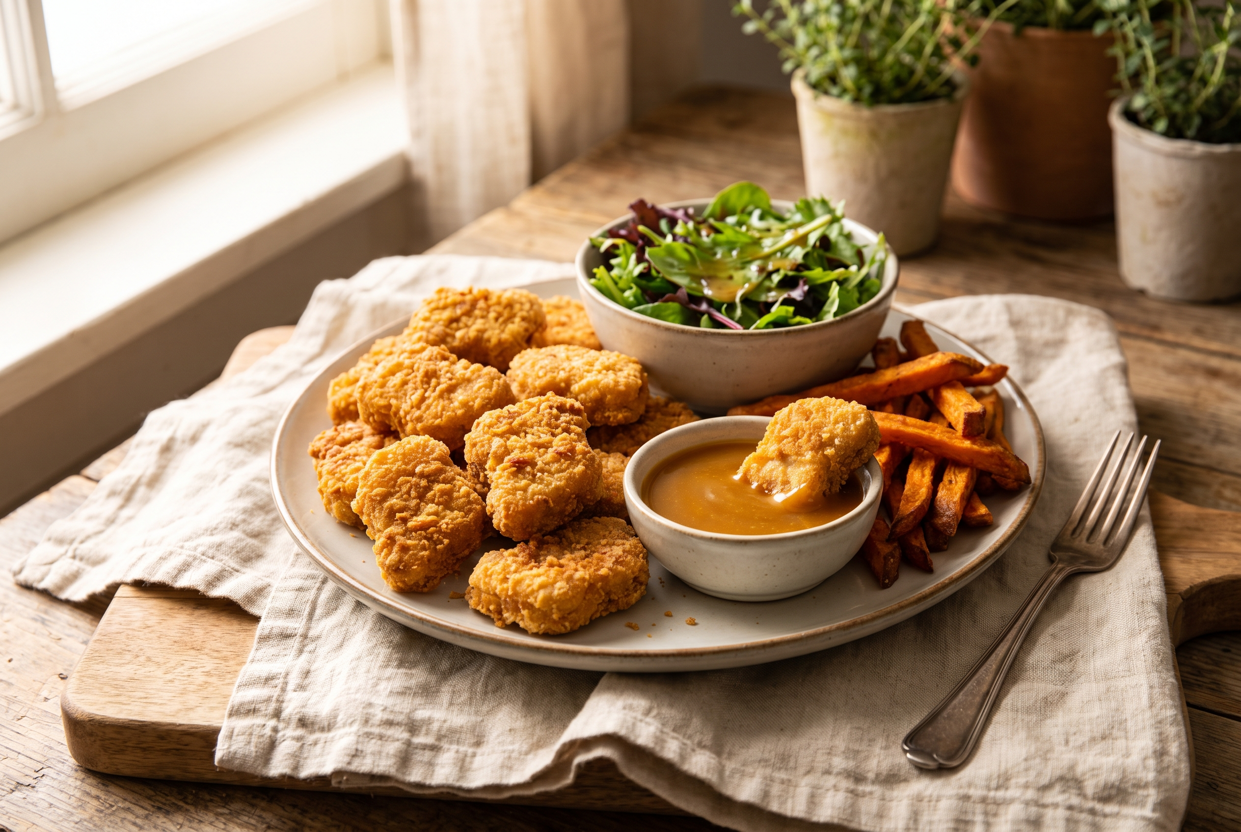 A plate of crispy homemade air fryer chicken nuggets with one dipped in honey mustard, served with sweet potato fries and a small green salad
