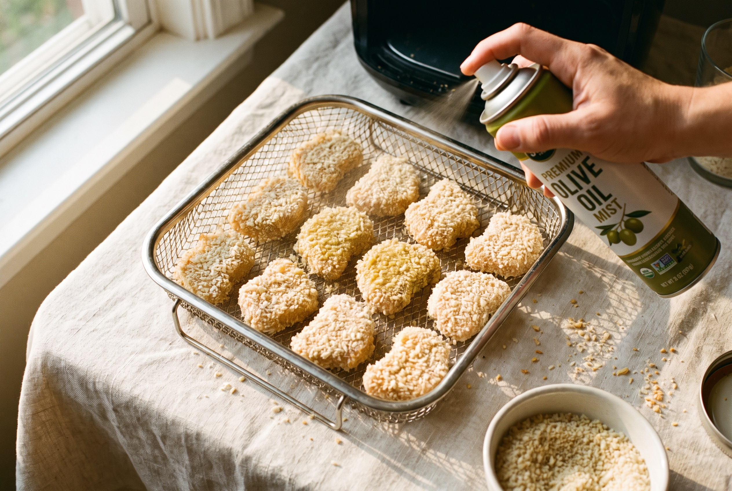 Breaded raw chicken nuggets arranged in a single layer in an air fryer basket being sprayed with olive oil