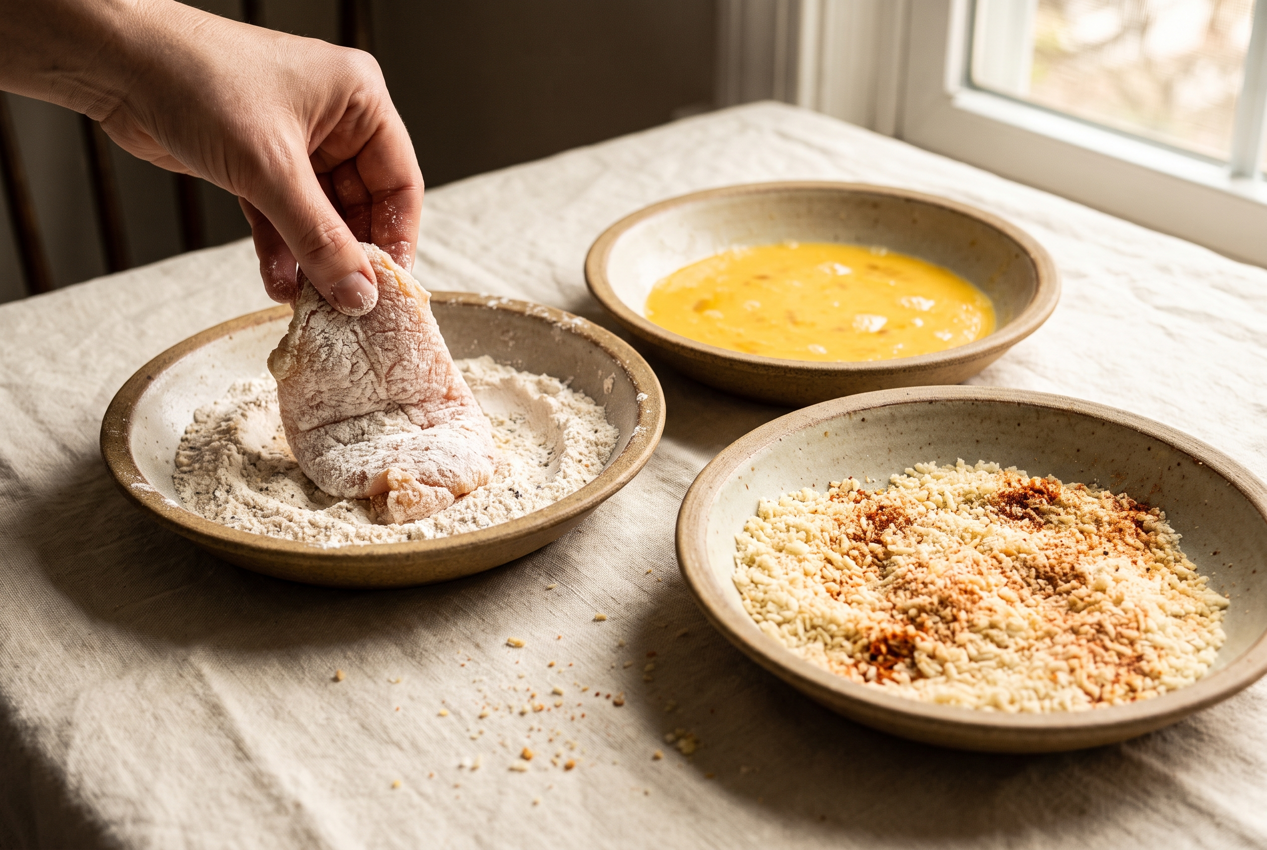 Three shallow bowls in a row for breading chicken nuggets: seasoned flour, beaten egg, and panko mixed with parmesan and paprika